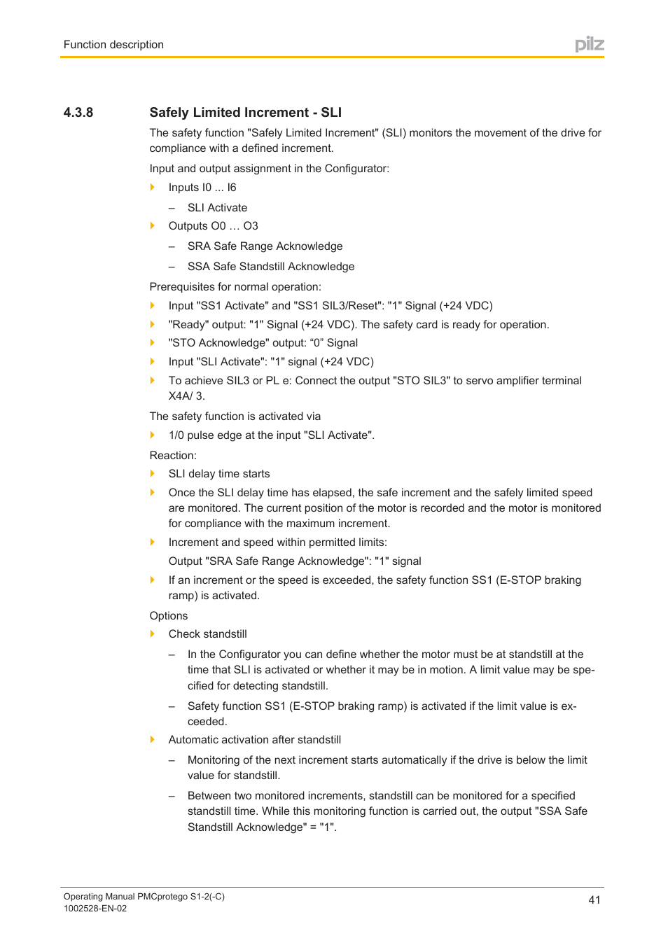 8 safely limited increment - sli, Safely limited increment ­ sli | Pilz PMCprimo DriveP.01/AA0/4/0/0/208-480VAC User Manual | Page 41 / 93