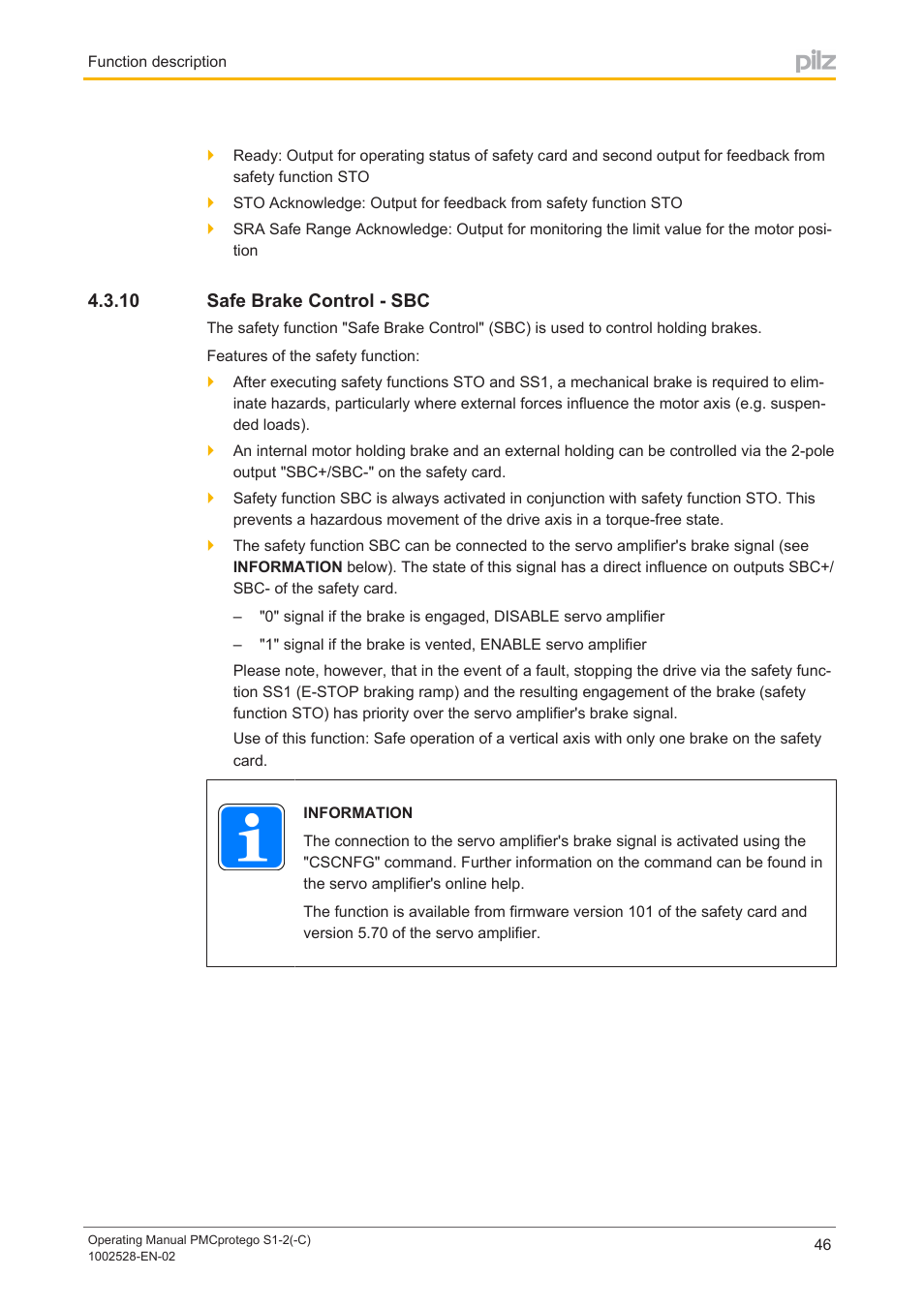 10 safe brake control - sbc, Safe brake control ­ sbc | Pilz PMCprimo DriveP.01/AA0/4/0/0/208-480VAC User Manual | Page 46 / 93