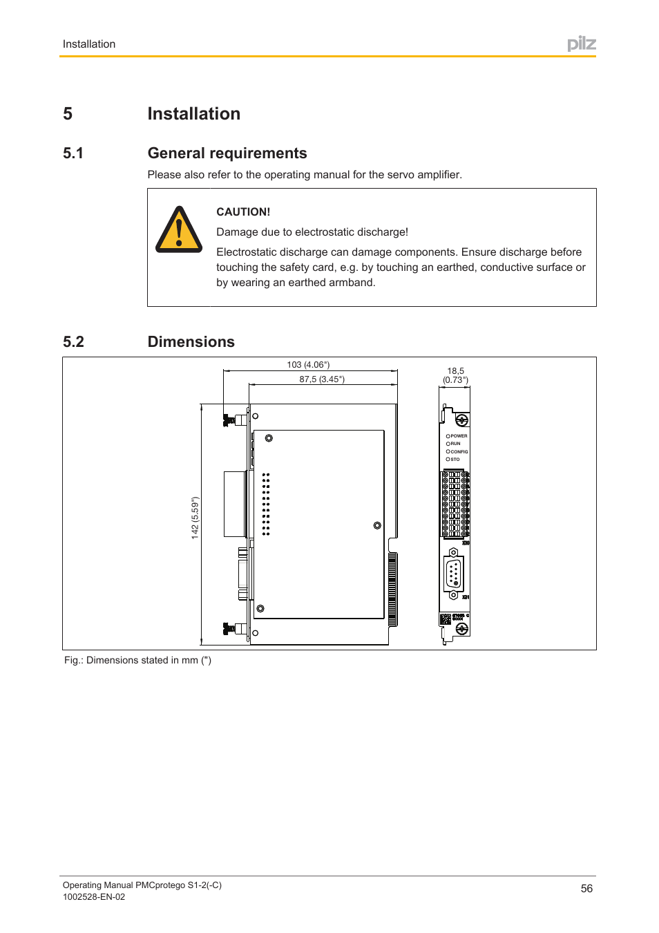 5 installation, 1 general requirements, 2 dimensions | Section 5, Installation, General requirements, Dimensions, 5installation | Pilz PMCprimo DriveP.01/AA0/4/0/0/208-480VAC User Manual | Page 56 / 93