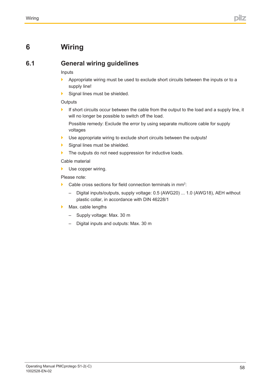 6 wiring, 1 general wiring guidelines, Section 6 | Wiring, General wiring guidelines, 6wiring | Pilz PMCprimo DriveP.01/AA0/4/0/0/208-480VAC User Manual | Page 58 / 93