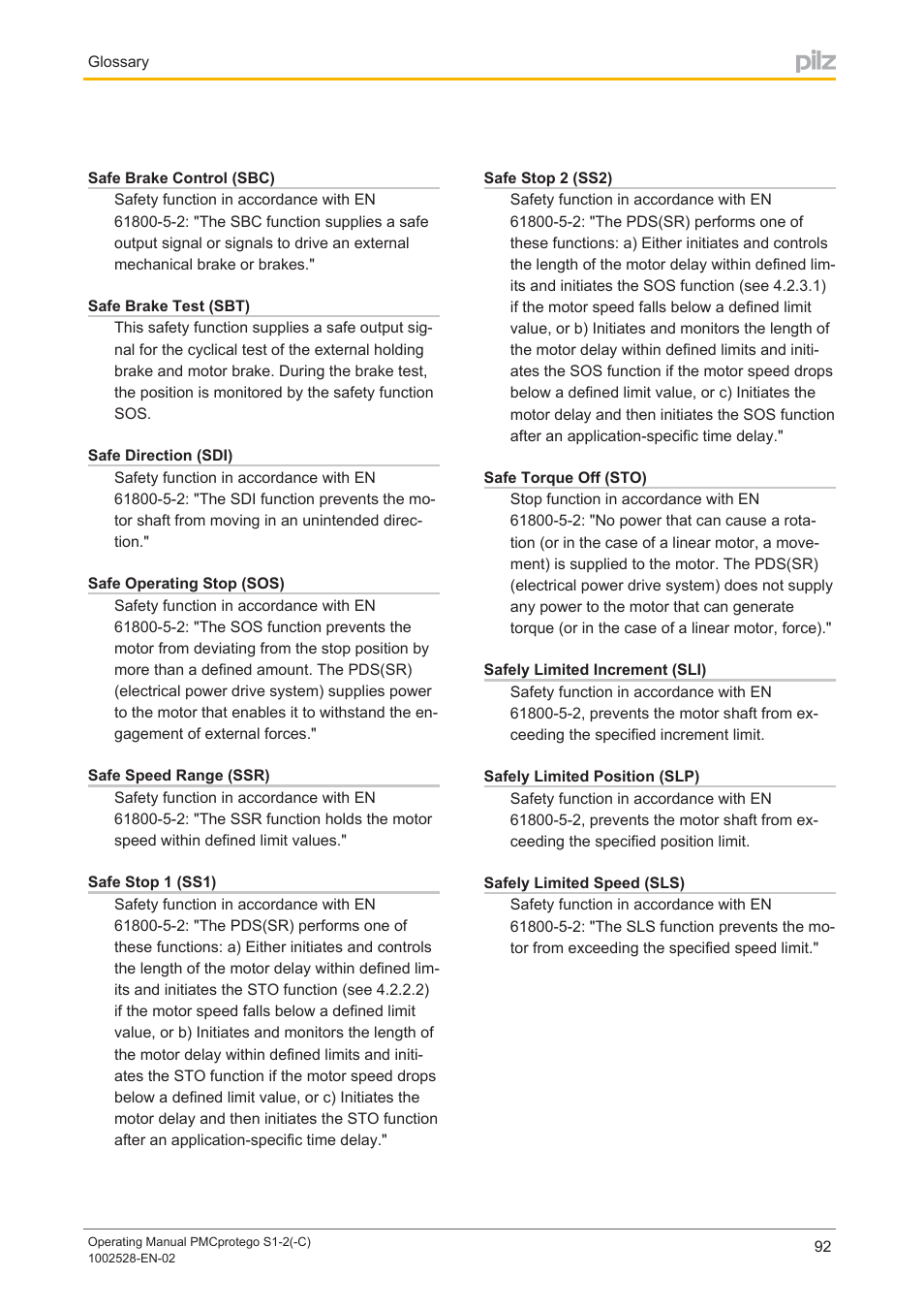 Glossary, Section | Pilz PMCprimo DriveP.01/AA0/4/0/0/208-480VAC User Manual | Page 92 / 93