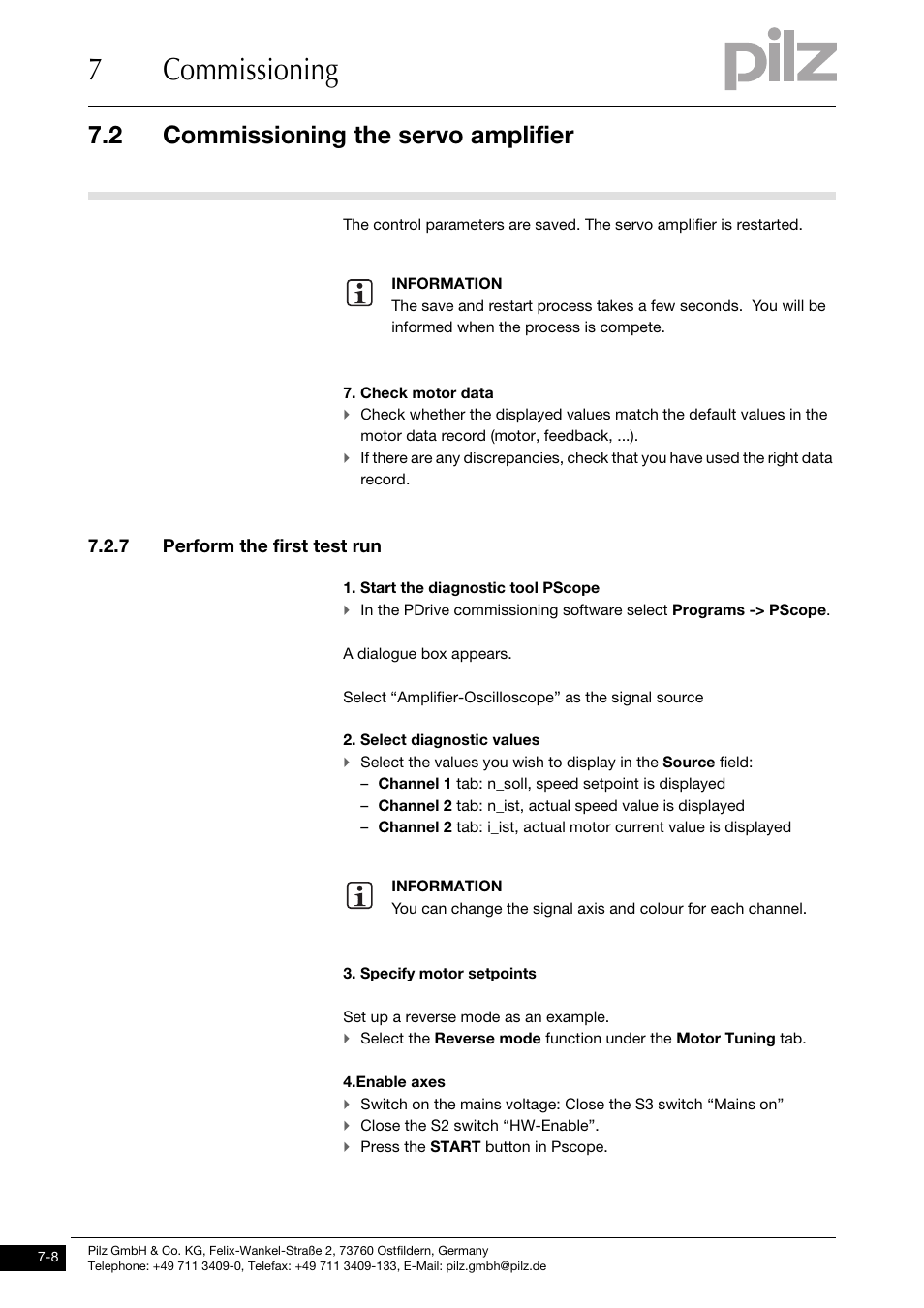 7 perform the first test run, 7commissioning, 2 commissioning the servo amplifier | Pilz PMCprimo DriveP.01/AA0/4/0/0/208-480VAC User Manual | Page 180 / 220