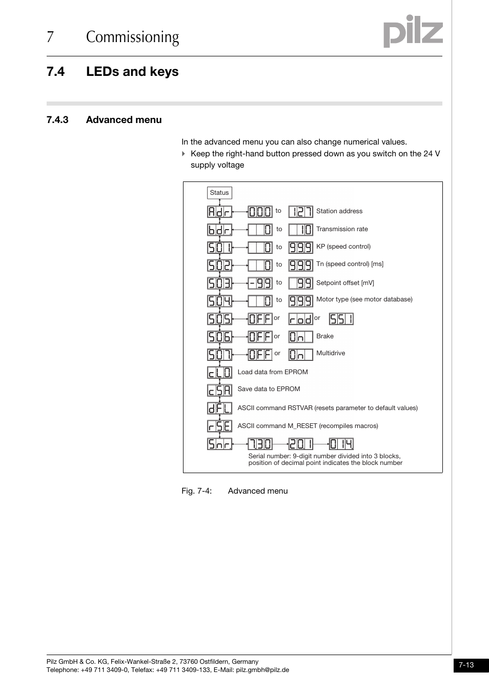 3 advanced menu, 7commissioning, 4 leds and keys | Pilz PMCprimo DriveP.01/AA0/4/0/0/208-480VAC User Manual | Page 185 / 220