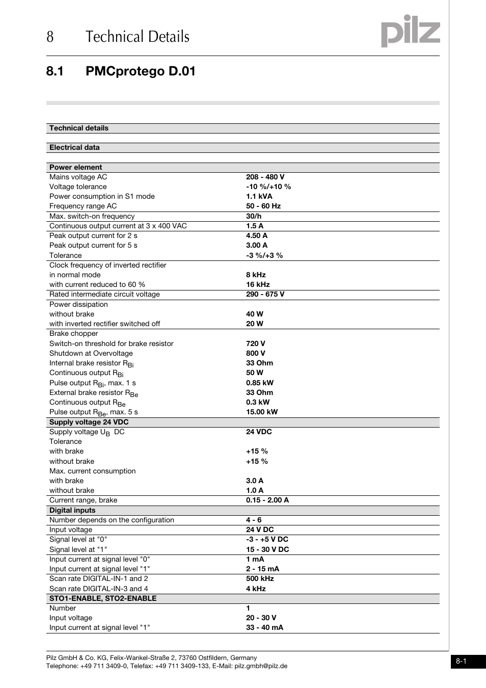 Technical details, Pmcprotego d.01, 8technical details | 1 pmcprotego d.01 | Pilz PMCprimo DriveP.01/AA0/4/0/0/208-480VAC User Manual | Page 191 / 220