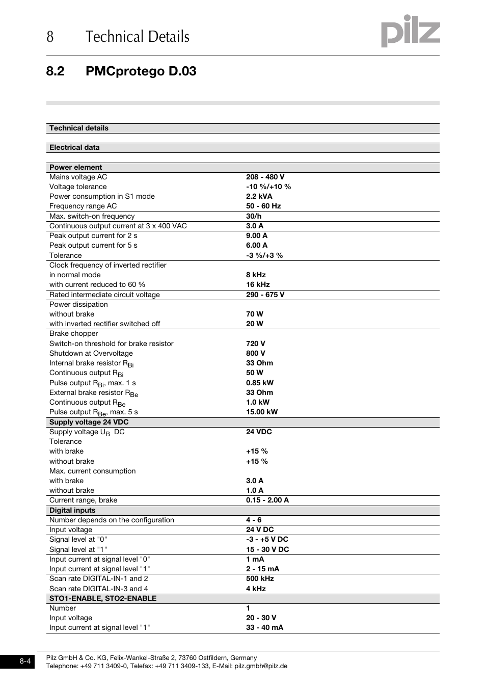 Pmcprotego d.03, 8technical details, 2 pmcprotego d.03 | Pilz PMCprimo DriveP.01/AA0/4/0/0/208-480VAC User Manual | Page 194 / 220