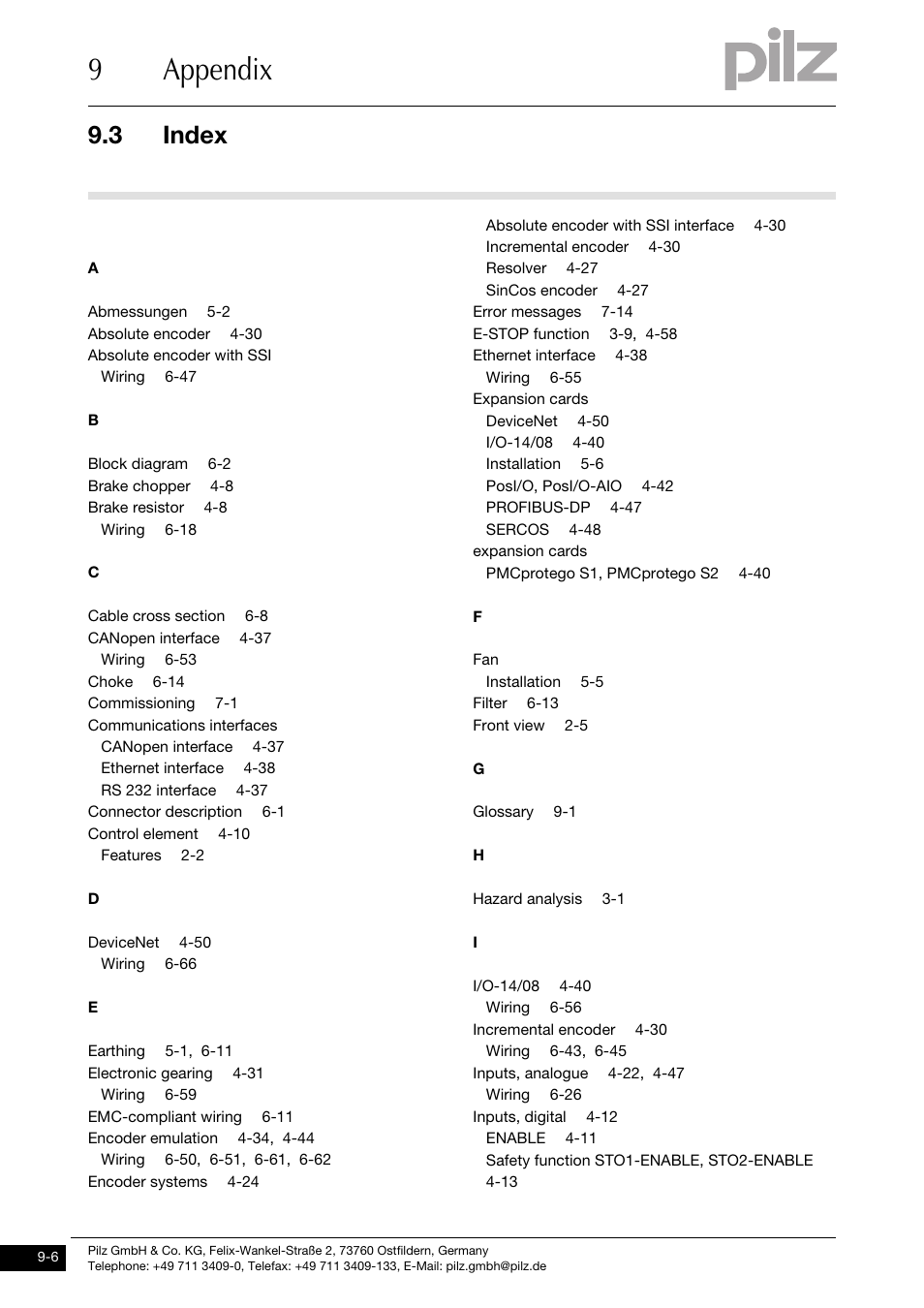 Index, 9appendix, 3 index | Pilz PMCprimo DriveP.01/AA0/4/0/0/208-480VAC User Manual | Page 217 / 220