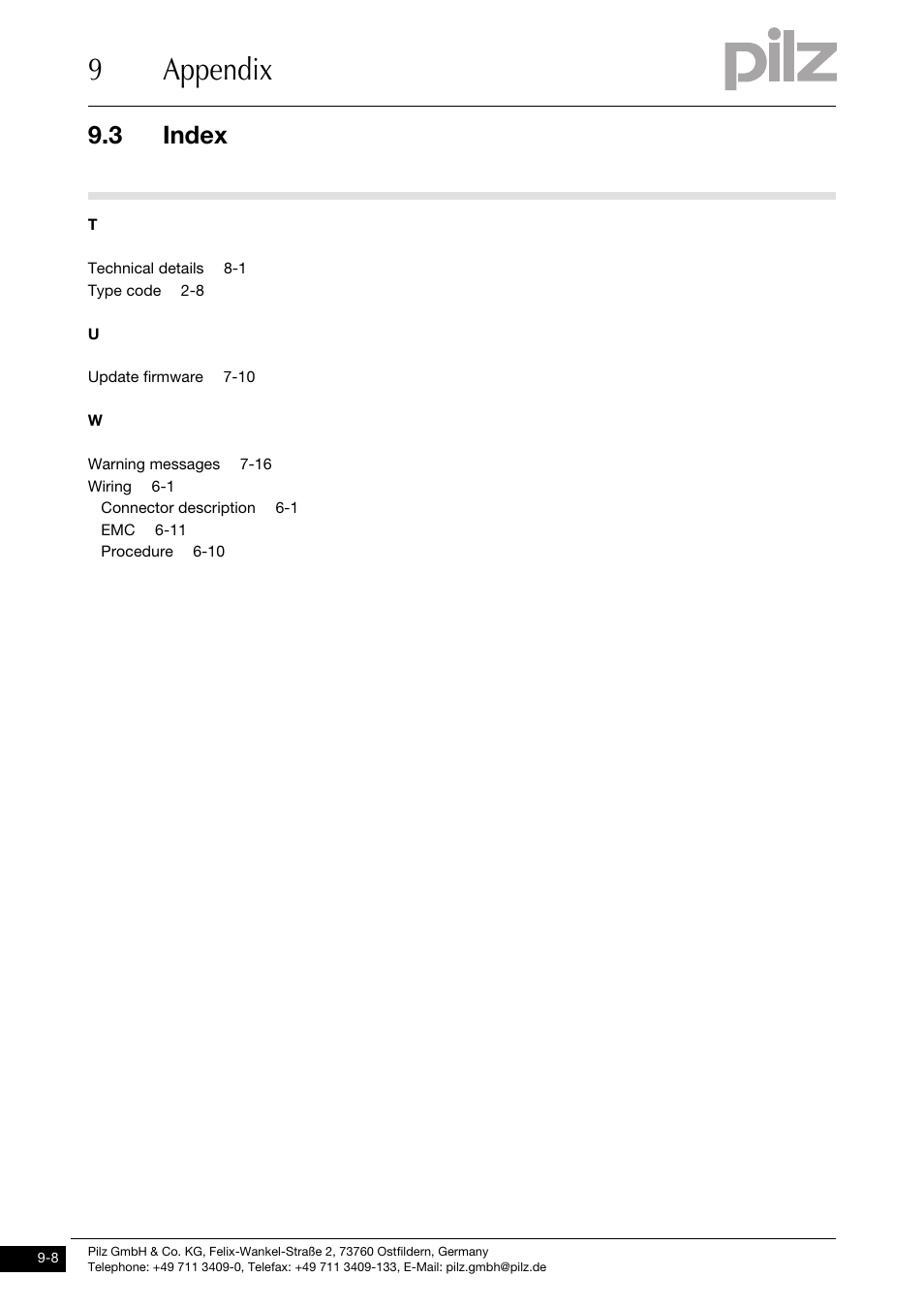 9appendix, 3 index | Pilz PMCprimo DriveP.01/AA0/4/0/0/208-480VAC User Manual | Page 219 / 220