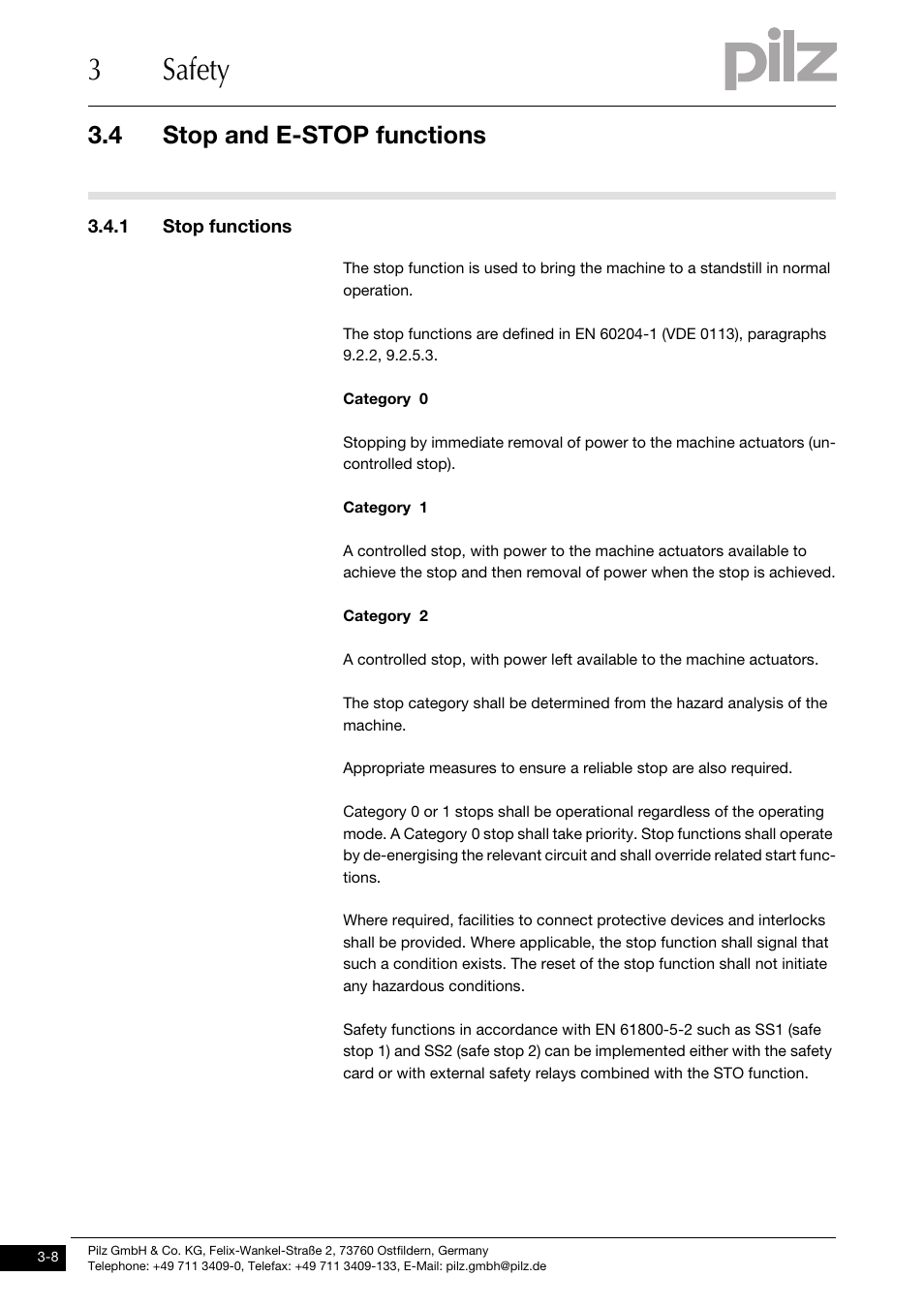 Stop and e-stop functions, 1 stop functions, 3safety | 4 stop and e-stop functions | Pilz PMCprimo DriveP.01/AA0/4/0/0/208-480VAC User Manual | Page 30 / 220