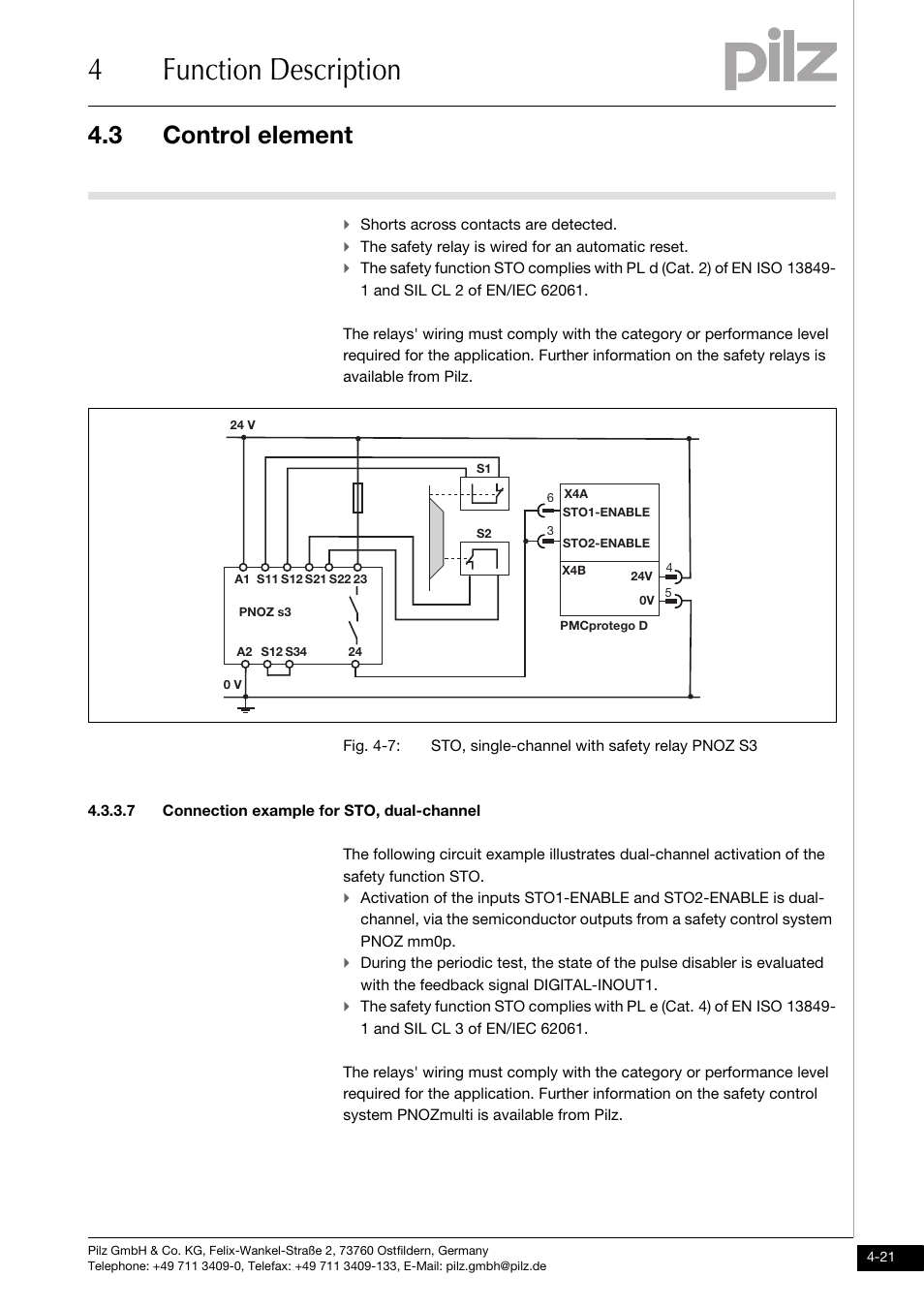 7 connection example for sto, dual-channel, 4function description, 3 control element | Pilz PMCprimo DriveP.01/AA0/4/0/0/208-480VAC User Manual | Page 53 / 220