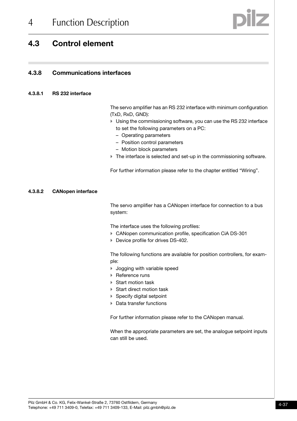 8 communications interfaces, 1 rs 232 interface, 2 canopen interface | 4function description, 3 control element | Pilz PMCprimo DriveP.01/AA0/4/0/0/208-480VAC User Manual | Page 69 / 220