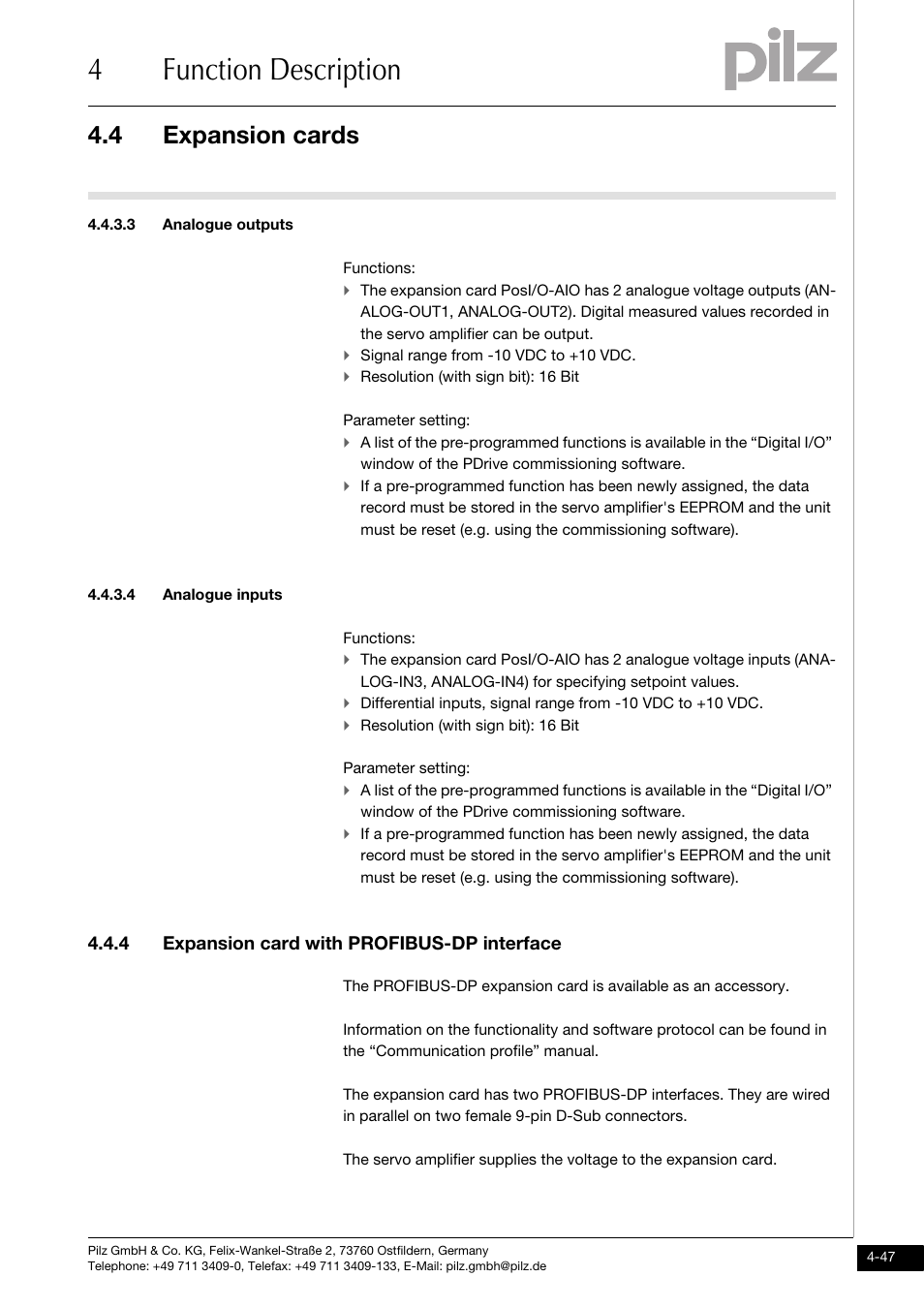 3 analogue outputs, 4 analogue inputs, 4 expansion card with profibus-dp interface | 4function description, 4 expansion cards | Pilz PMCprimo DriveP.01/AA0/4/0/0/208-480VAC User Manual | Page 79 / 220