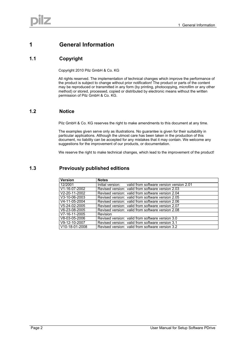 1general information, 1 copyright, 2 notice | 3 previously published editions | Pilz PMCprimo DriveP.12/AA0/4/0/0/208-480VAC User Manual | Page 2 / 57