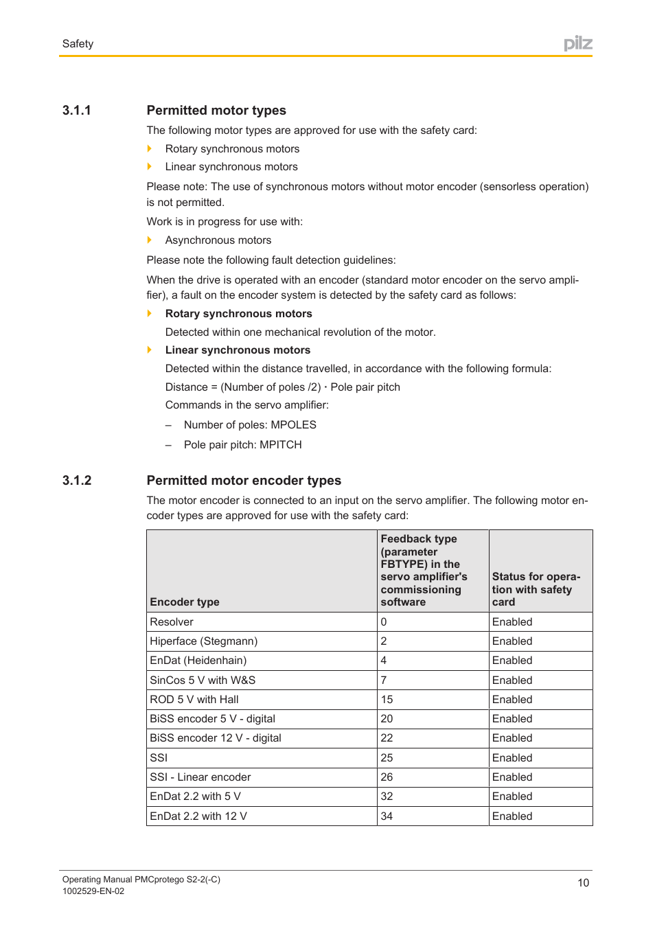 1 permitted motor types, 2 permitted motor encoder types, Permitted motor types | Permitted motor encoder types | Pilz PMCprimo DriveP.06/AA0/4/0/0/208-480VAC User Manual | Page 10 / 76