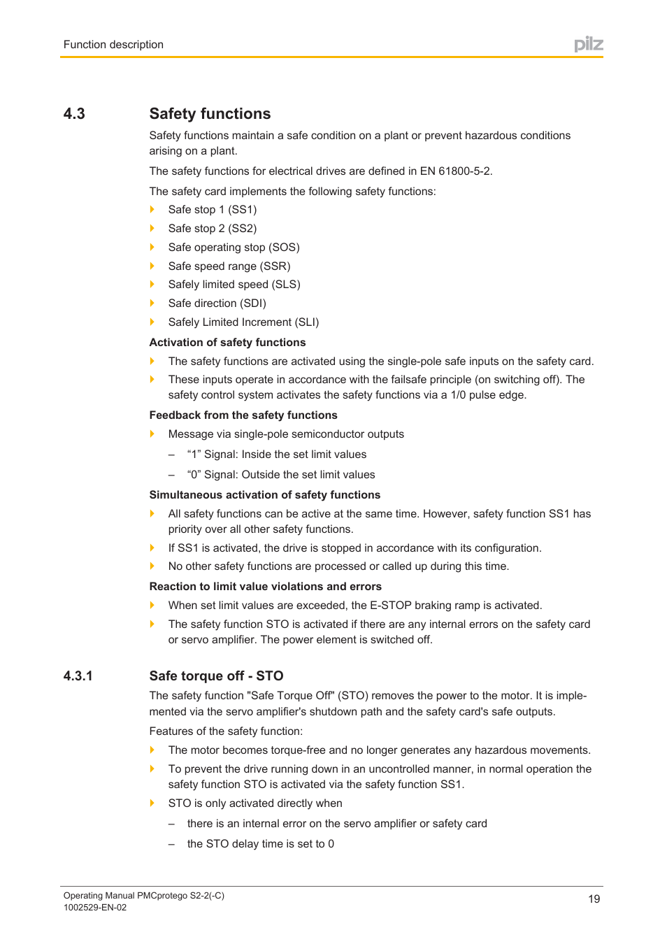 3 safety functions, 1 safe torque off - sto, Safety functions | Safe torque off ­ sto | Pilz PMCprimo DriveP.06/AA0/4/0/0/208-480VAC User Manual | Page 19 / 76