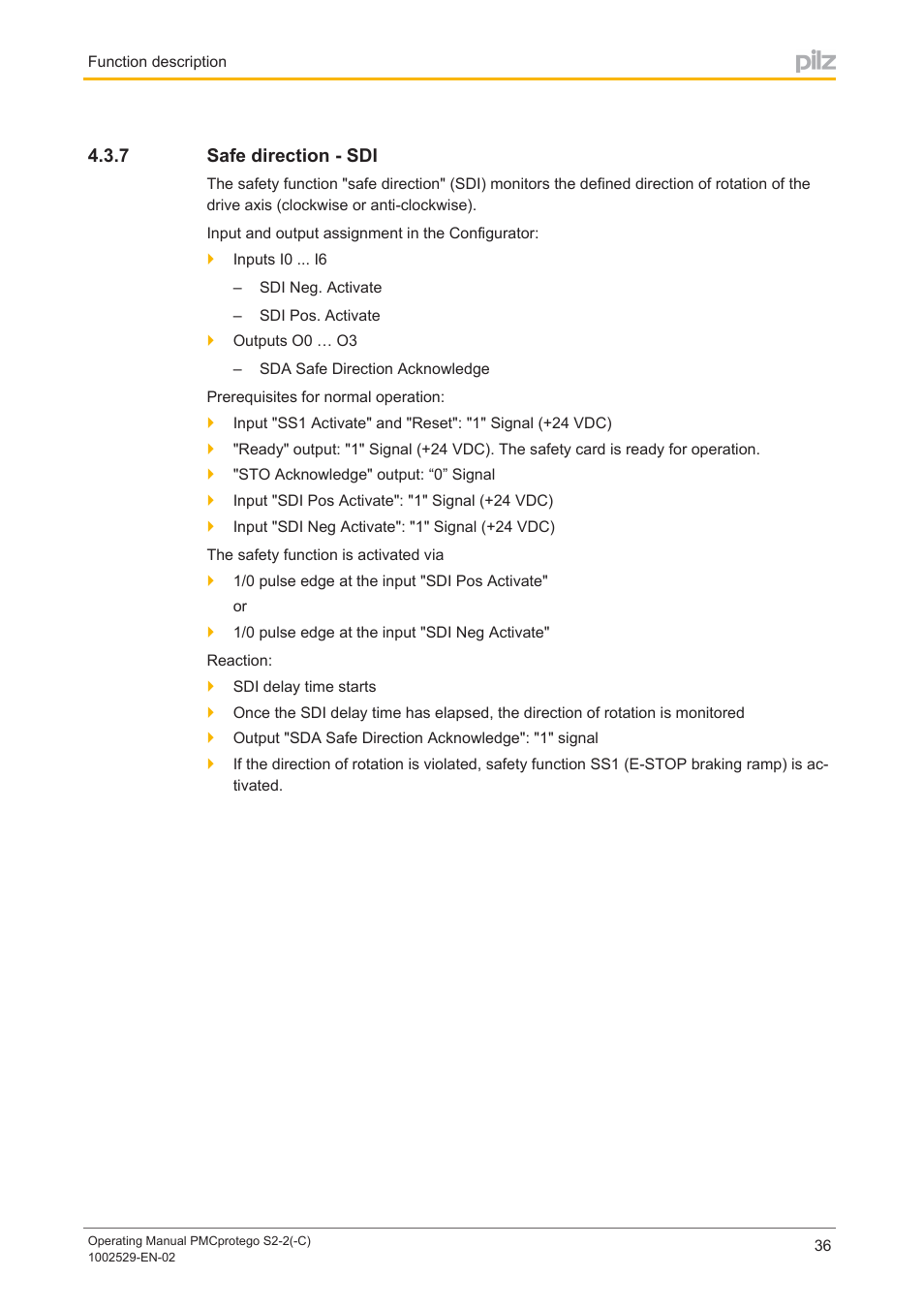 7 safe direction - sdi, Safe direction ­ sdi | Pilz PMCprimo DriveP.06/AA0/4/0/0/208-480VAC User Manual | Page 36 / 76