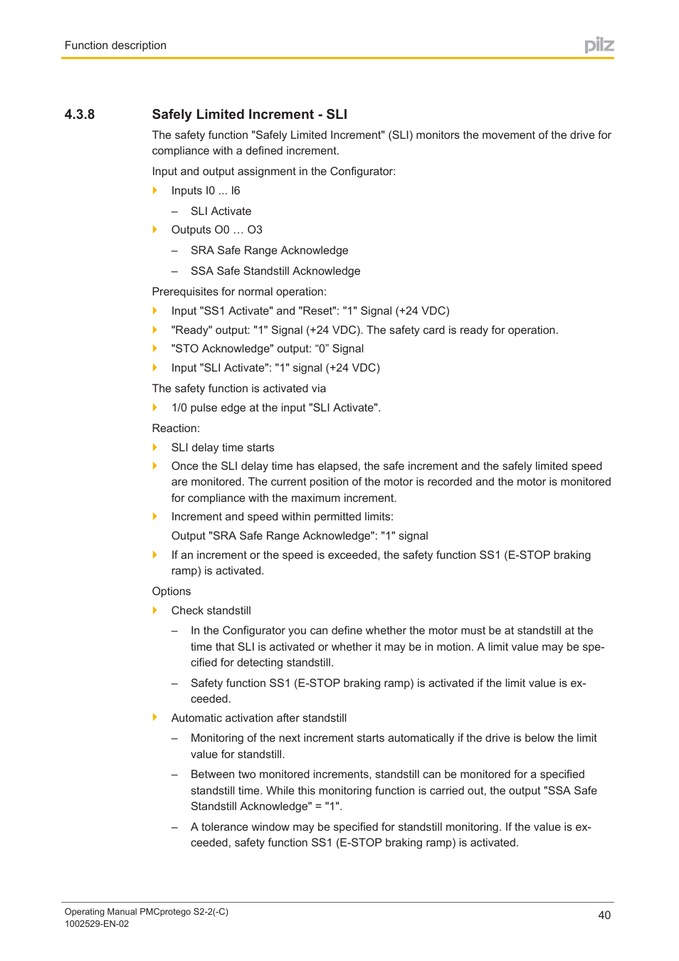 8 safely limited increment - sli, Safely limited increment ­ sli | Pilz PMCprimo DriveP.06/AA0/4/0/0/208-480VAC User Manual | Page 40 / 76