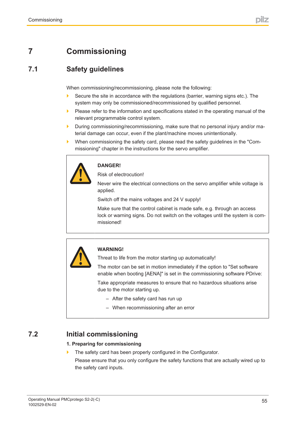 7 commissioning, 1 safety guidelines, 2 initial commissioning | Section 7, Commissioning, Safety guidelines, Initial commissioning, 7commissioning | Pilz PMCprimo DriveP.06/AA0/4/0/0/208-480VAC User Manual | Page 55 / 76