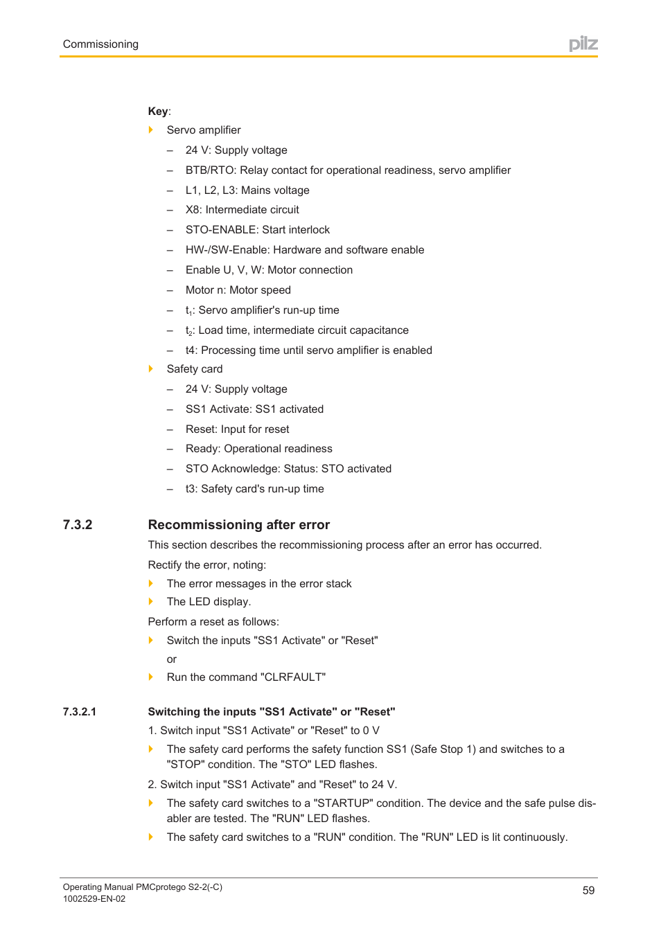 2 recommissioning after error, 1 switching the inputs "ss1 activate" or "reset, Recommissioning after error | Switching the inputs "ss1 activate" or "reset | Pilz PMCprimo DriveP.06/AA0/4/0/0/208-480VAC User Manual | Page 59 / 76