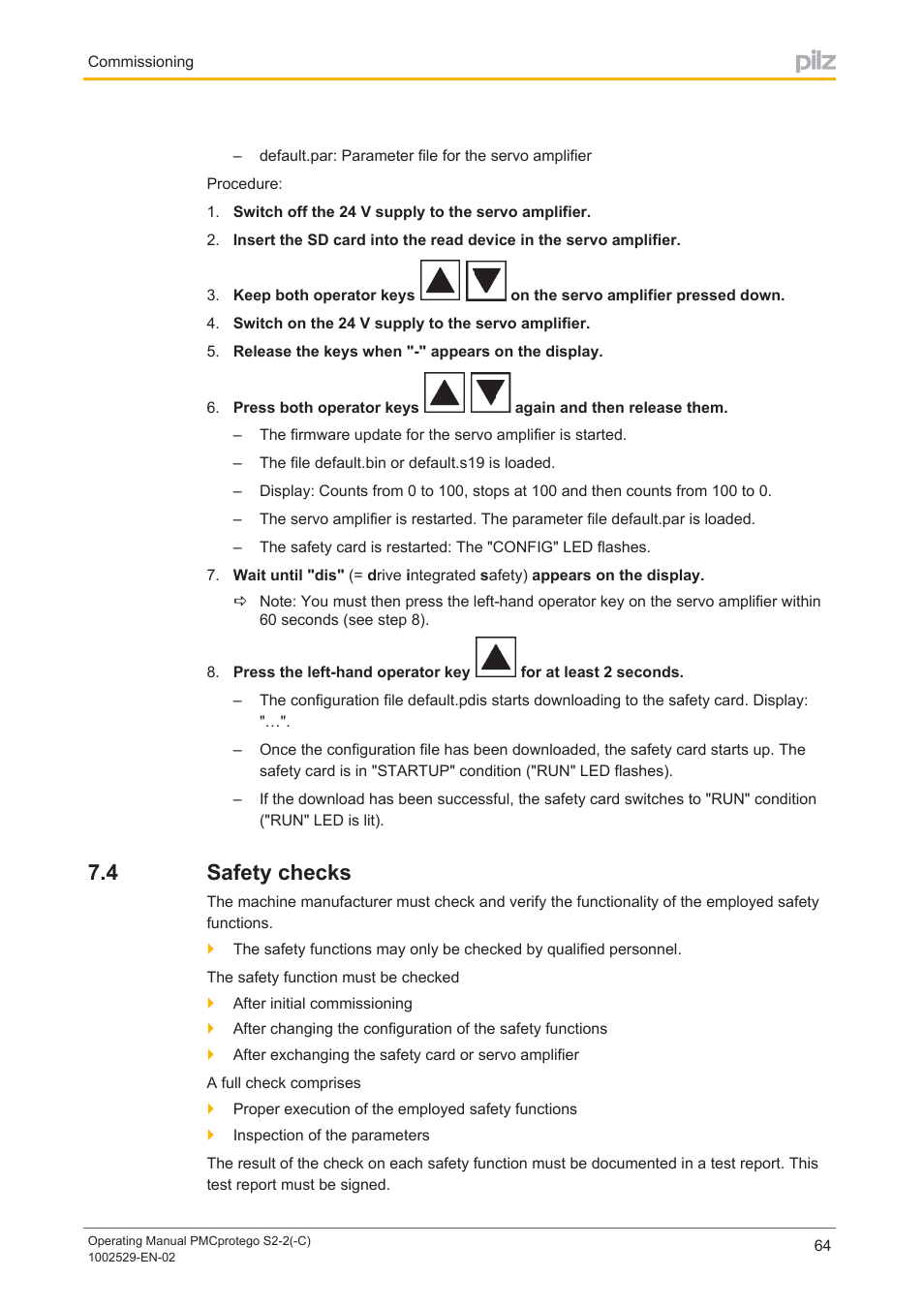 4 safety checks, Safety checks | Pilz PMCprimo DriveP.06/AA0/4/0/0/208-480VAC User Manual | Page 64 / 76