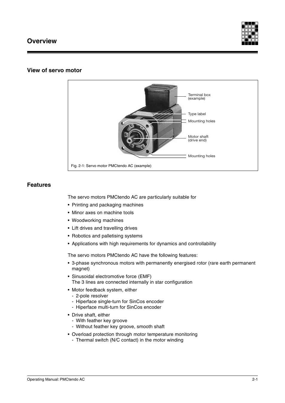 Overview, View of servo motor, Features | View of servo motor features | Pilz Cable PMCprimoDrive>Mod-Profibus:L=0,45m User Manual | Page 11 / 88