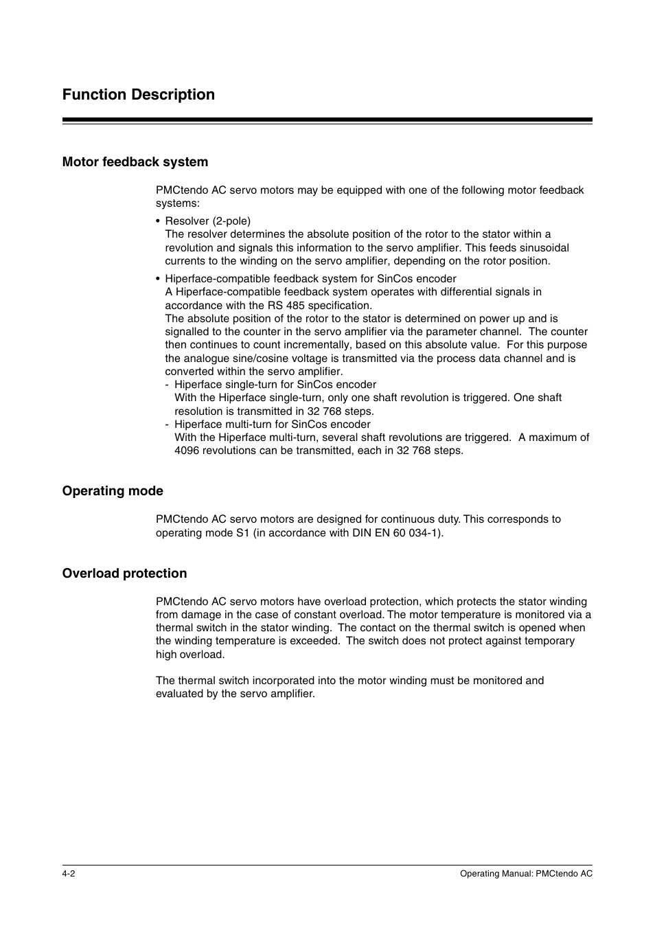 Motor feedback system, Operating mode, Overload protection | Function description | Pilz Cable PMCprimoDrive>Mod-Profibus:L=0,45m User Manual | Page 18 / 88