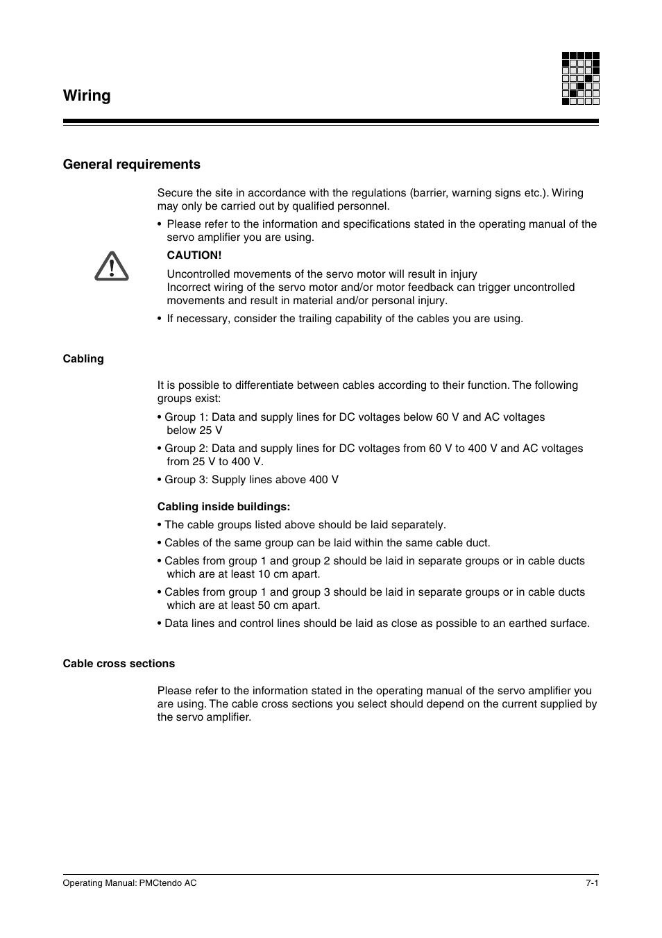Wiring, General requirements, Cabling | Cable cross sections | Pilz Cable PMCprimoDrive>Mod-Profibus:L=0,45m User Manual | Page 27 / 88