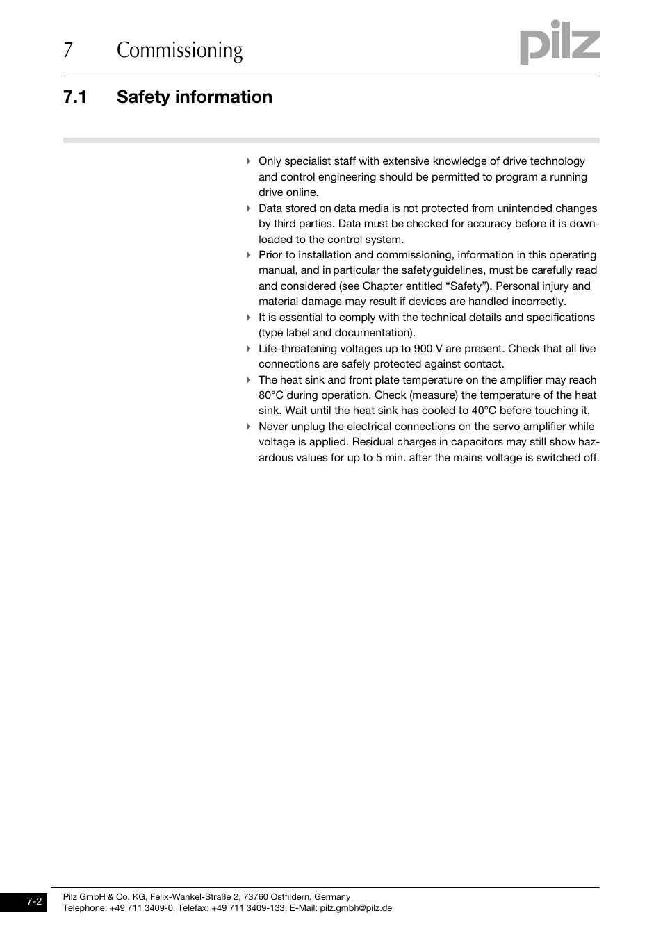 7commissioning, 1 safety information | Pilz PMCtendo DD5.03/000/0/0/0/110-230VAC User Manual | Page 158 / 209