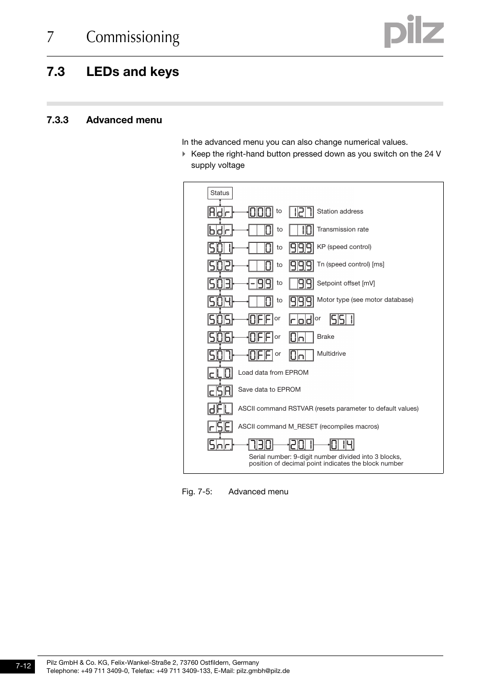 3 advanced menu, 7commissioning, 3 leds and keys | Pilz PMCtendo DD5.03/000/0/0/0/110-230VAC User Manual | Page 168 / 209