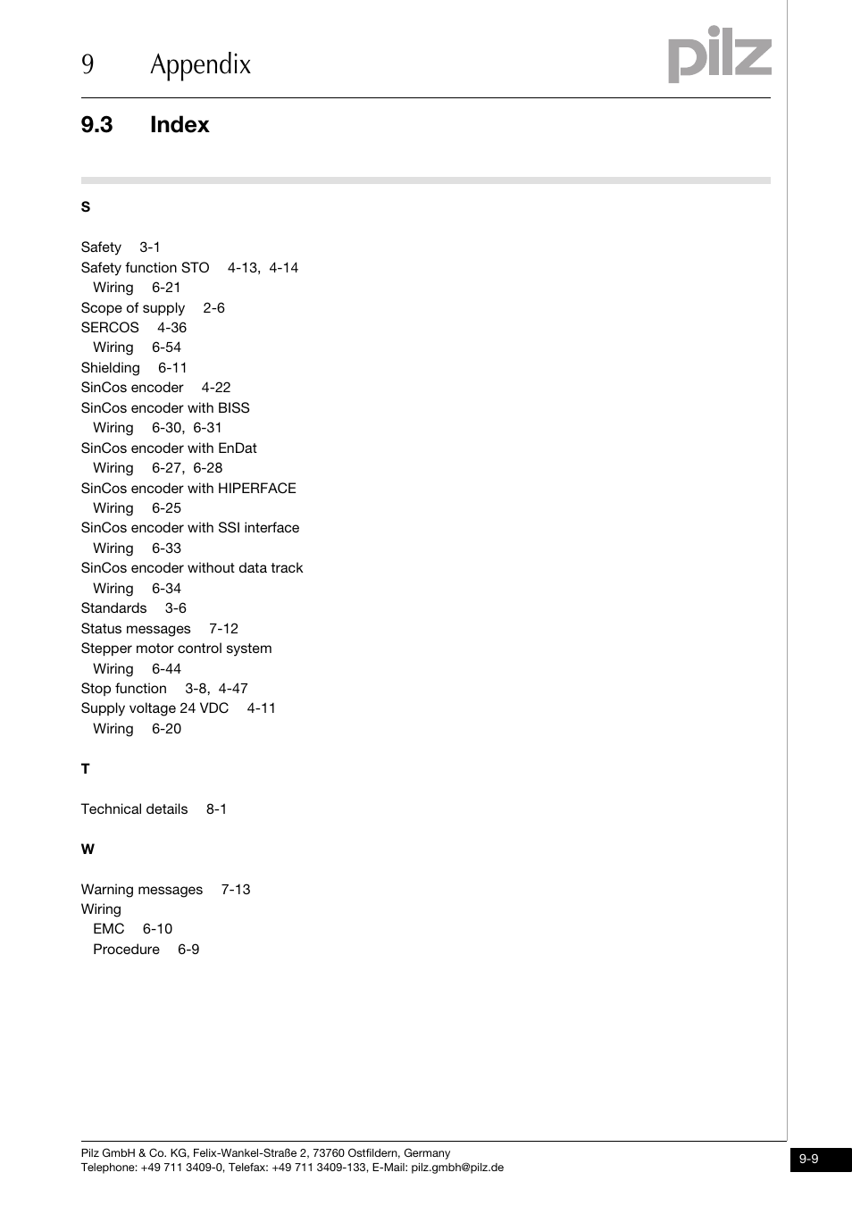 9appendix, 3 index | Pilz PMCtendo DD5.03/000/0/0/0/110-230VAC User Manual | Page 199 / 209