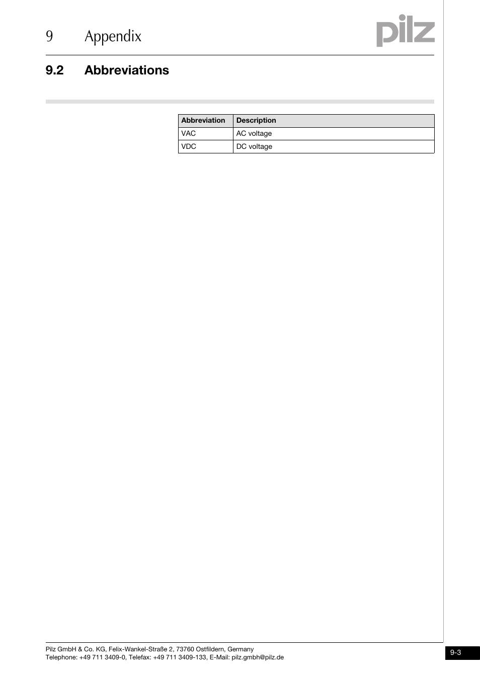 9appendix, 2 abbreviations | Pilz PMCtendo DD5.03/000/0/0/0/110-230VAC User Manual | Page 203 / 209