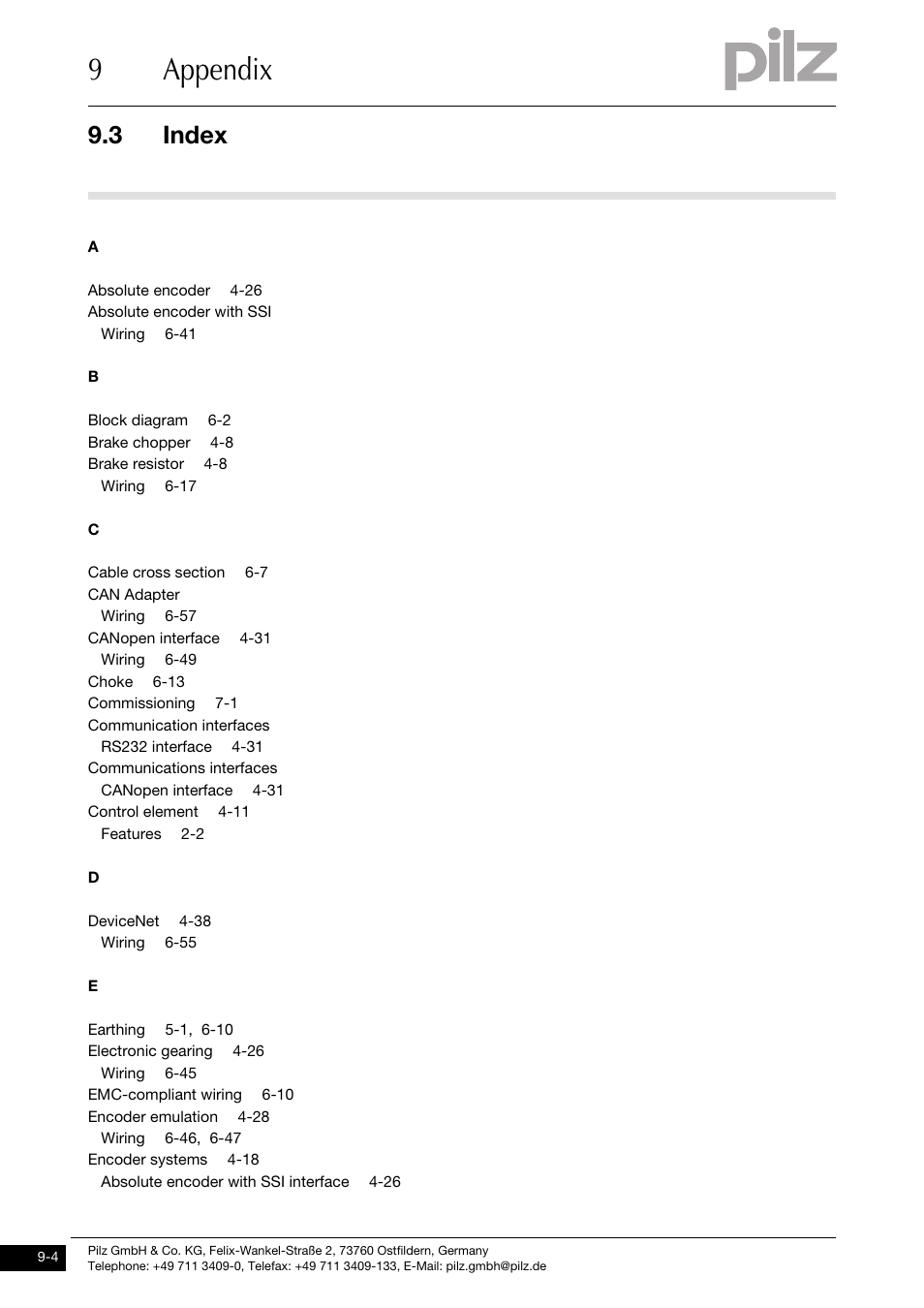 9appendix, 3 index | Pilz PMCtendo DD5.03/000/0/0/0/110-230VAC User Manual | Page 204 / 209