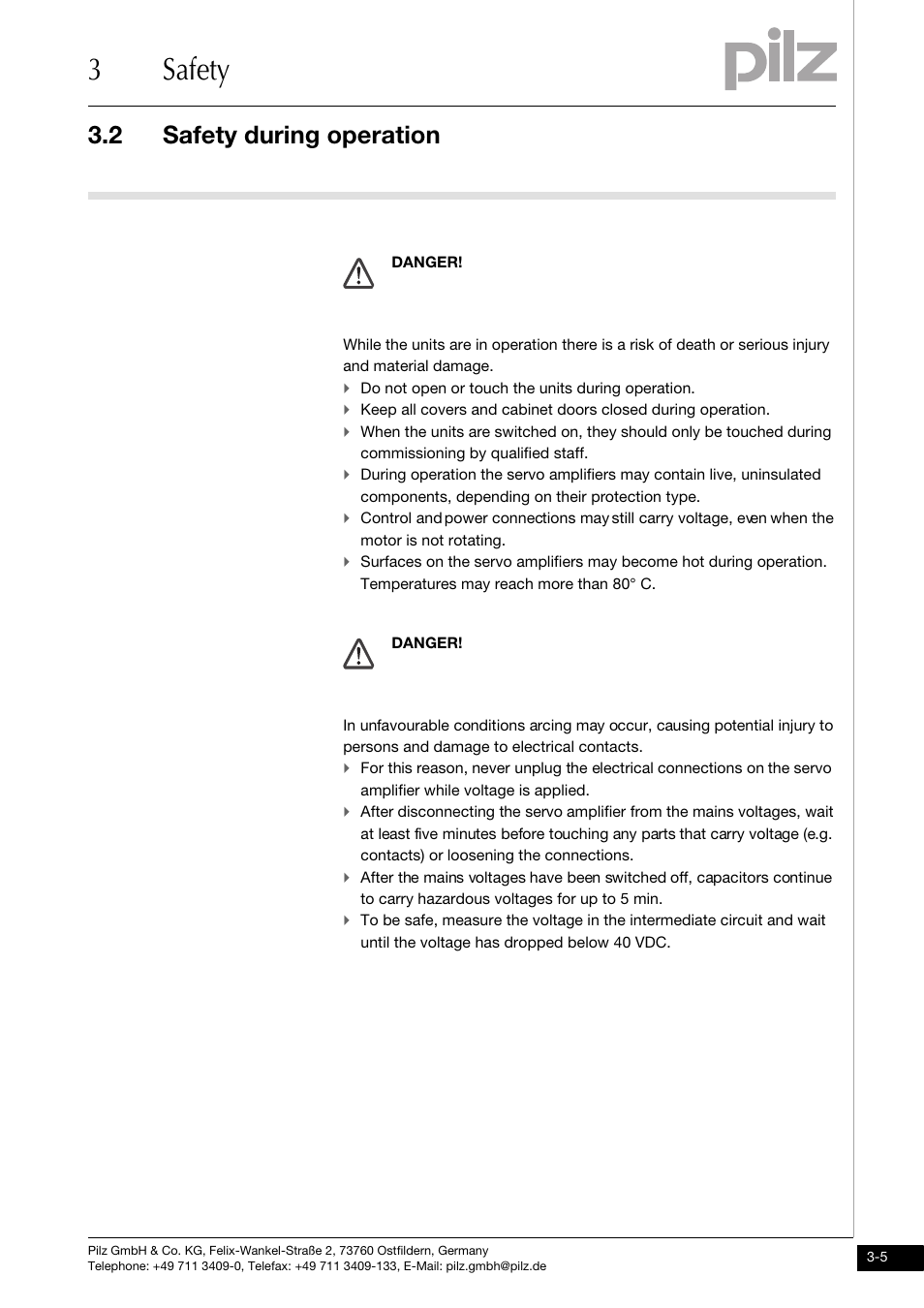 Safety during operation, 3safety, 2 safety during operation | Pilz PMCtendo DD5.03/000/0/0/0/110-230VAC User Manual | Page 23 / 209
