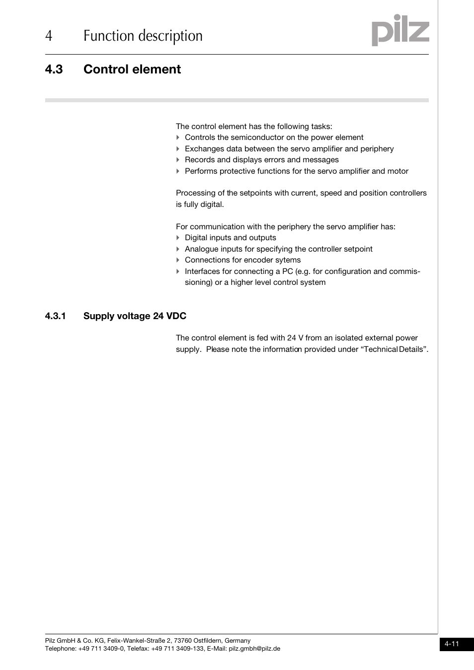 Control element, 1 supply voltage 24 vdc, 4function description | 3 control element | Pilz PMCtendo DD5.03/000/0/0/0/110-230VAC User Manual | Page 39 / 209