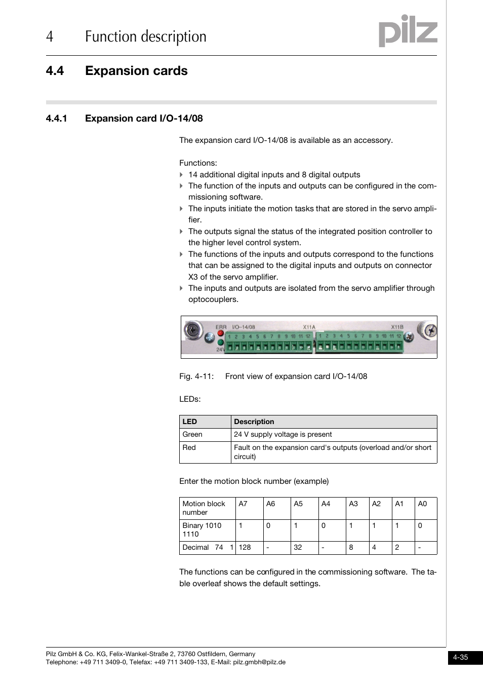 Expansion cards, 1 expansion card i/o-14/08, 4function description | 4 expansion cards | Pilz PMCtendo DD5.03/000/0/0/0/110-230VAC User Manual | Page 63 / 209