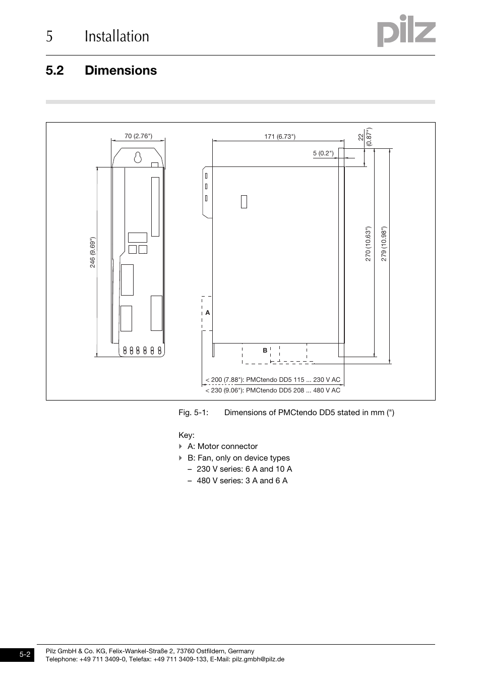 Dimensions, 5installation, 2 dimensions | Pilz PMCtendo DD5.03/000/0/0/0/110-230VAC User Manual | Page 86 / 209