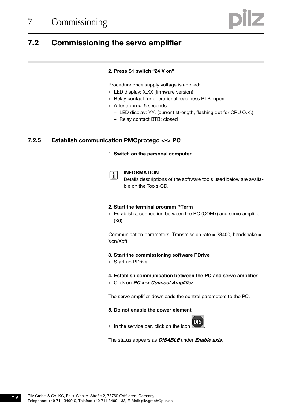 5 establish communication pmcprotego <-> pc, 7commissioning, 2 commissioning the servo amplifier | Pilz PMCprotego D.72/000/0/0/2/208-480VAC User Manual | Page 184 / 209