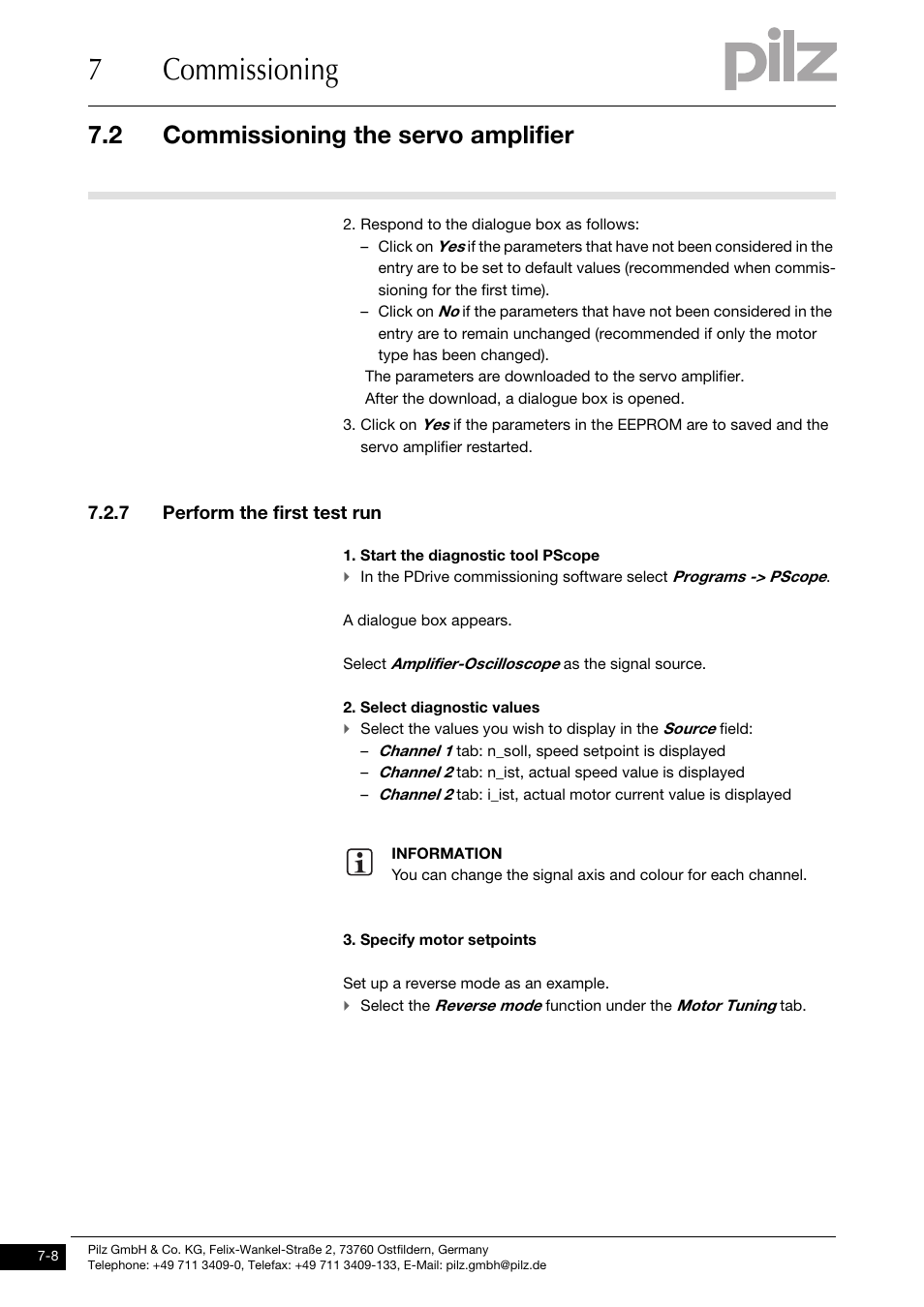 7 perform the first test run, 7commissioning, 2 commissioning the servo amplifier | Pilz PMCprotego D.72/000/0/0/2/208-480VAC User Manual | Page 186 / 209