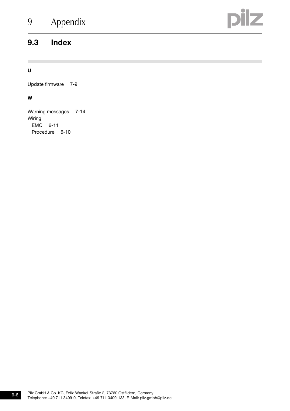 9appendix, 3 index | Pilz PMCprotego D.72/000/0/0/2/208-480VAC User Manual | Page 208 / 209