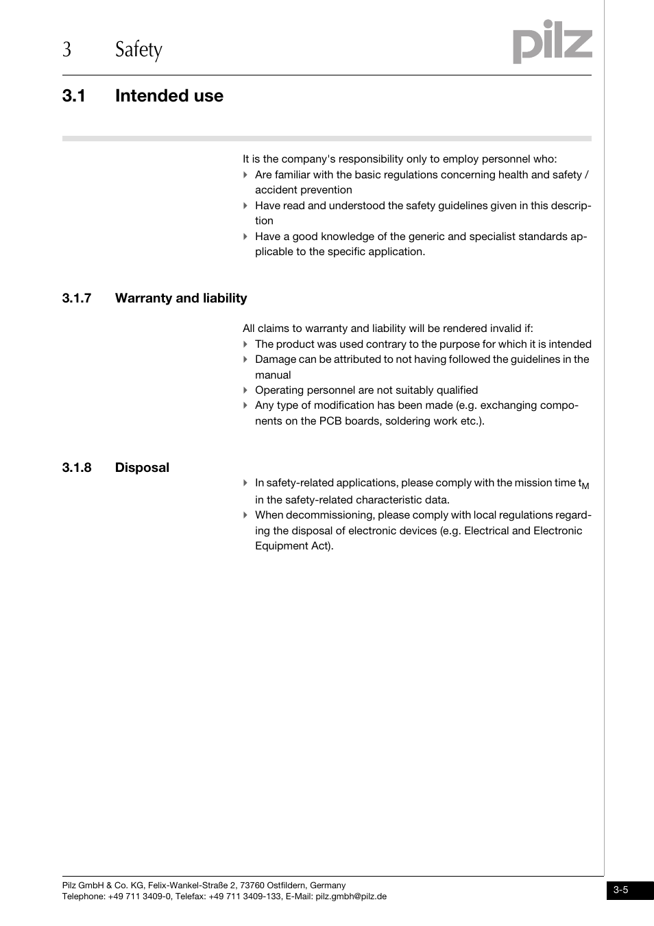 7 warranty and liability, 8 disposal, 3safety | 1 intended use | Pilz PMCprotego D.72/000/0/0/2/208-480VAC User Manual | Page 27 / 209