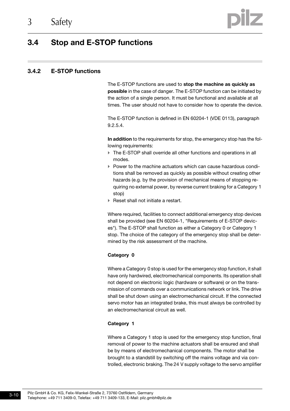 2 e-stop functions, 3safety, 4 stop and e-stop functions | Pilz PMCprotego D.72/000/0/0/2/208-480VAC User Manual | Page 32 / 209