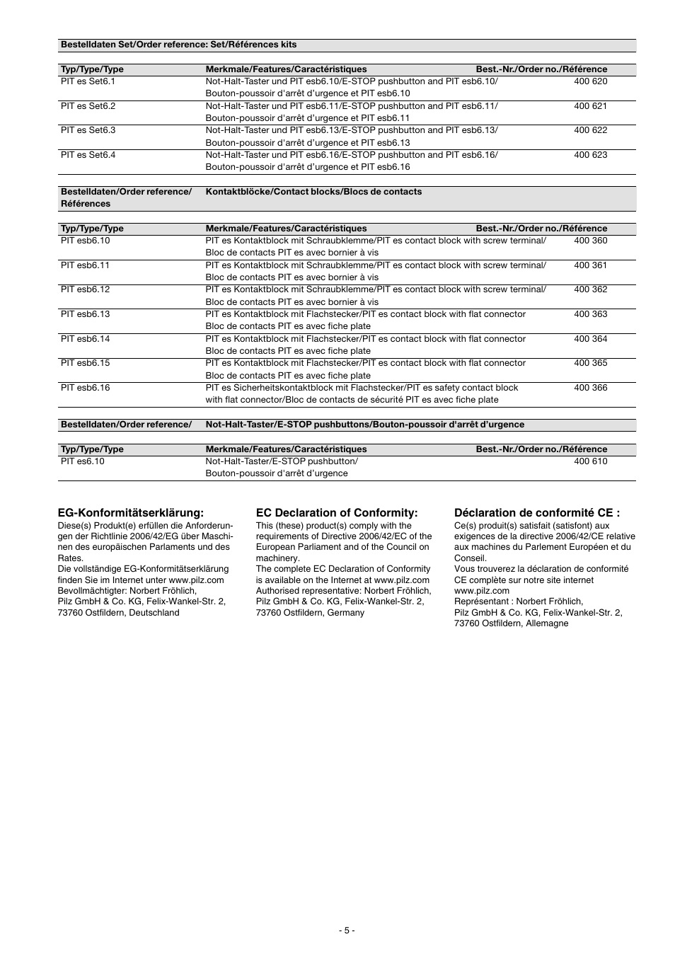 Eg-konformitätserklärung, Ec declaration of conformity, Déclaration de conformité ce | Pilz SET3.1: PIT es3.1 / 2 n/c User Manual | Page 5 / 6