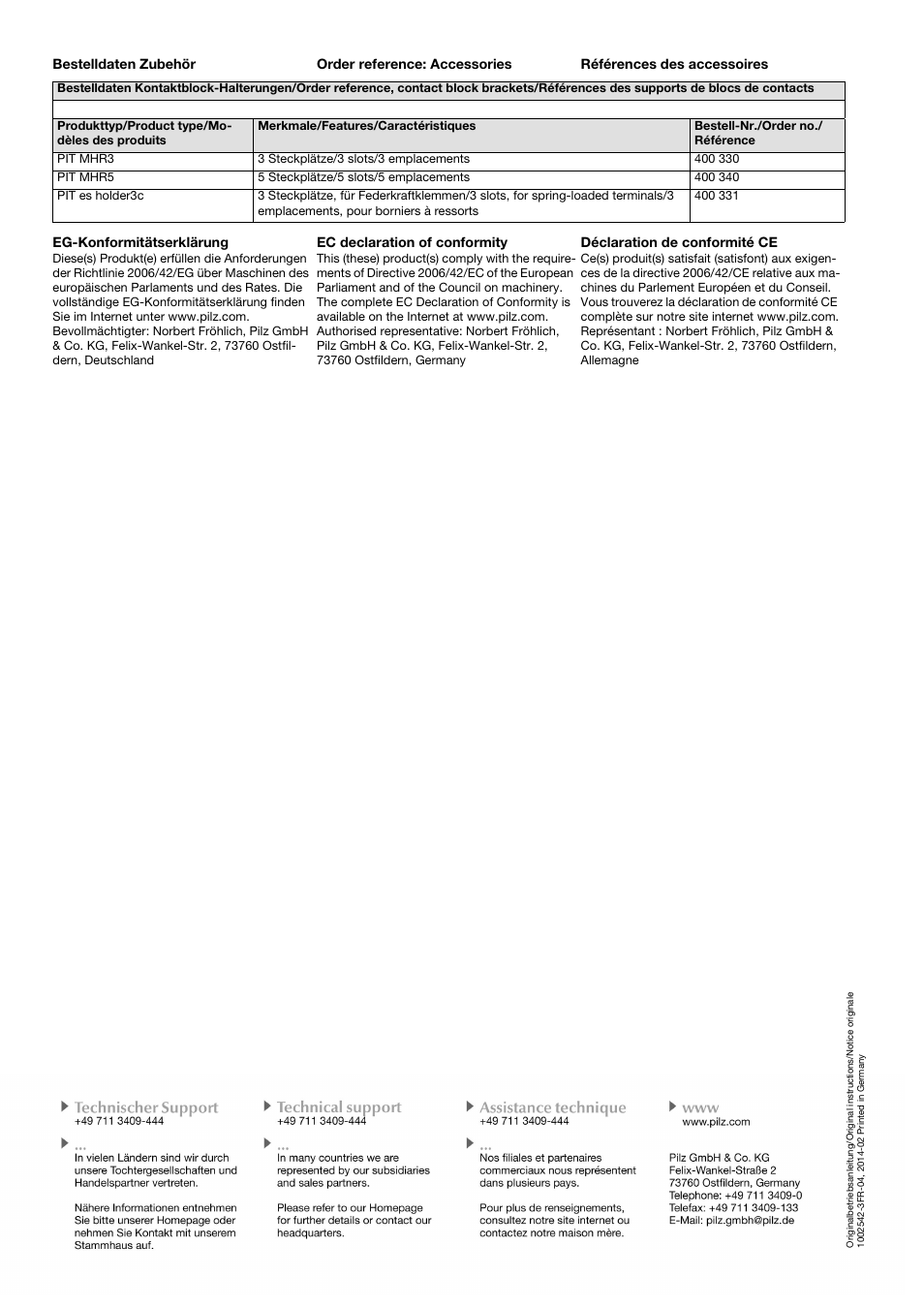 Eg-konformitätserklärung, Ec declaration of conformity, Déclaration de conformité ce | Pilz PIT es Set1s-1 User Manual | Page 14 / 14