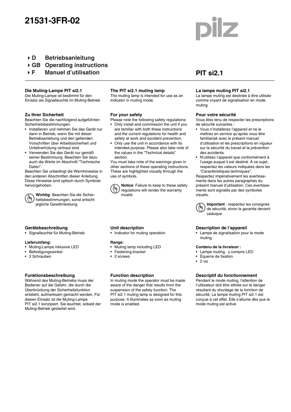 Pilz PIT si2.1 LED muting lamp User Manual | 4 pages