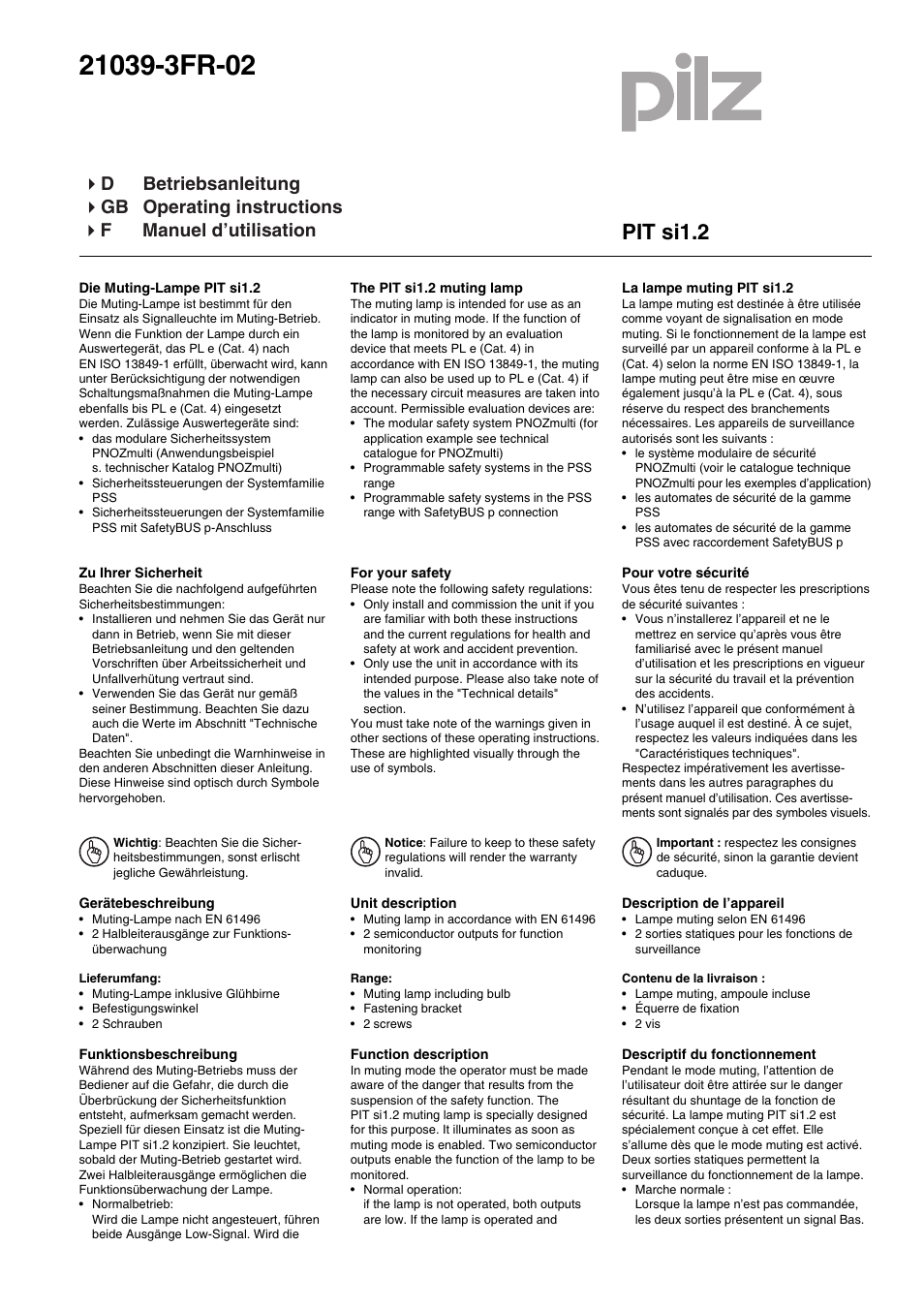 Pilz PIT si 1.2 muting lamp self monitoring User Manual | 6 pages