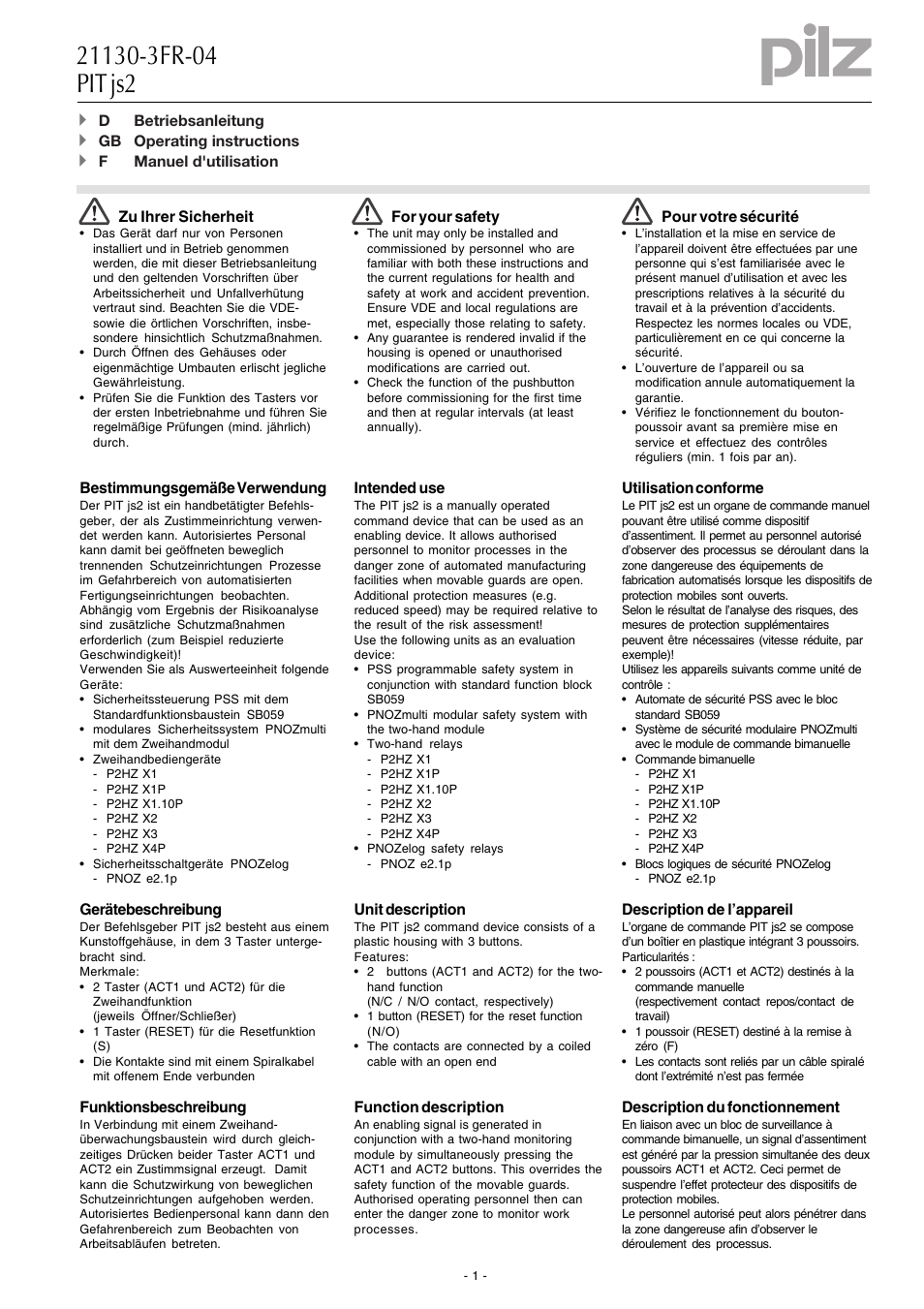 Pilz PIT js2 User Manual | 4 pages