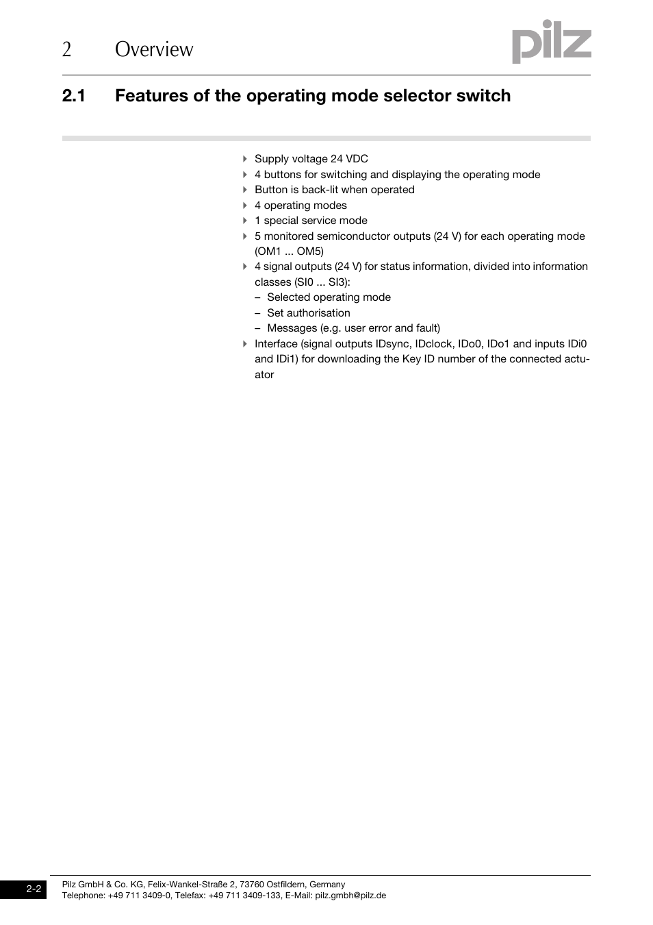 Features of the operating mode selector switch, 2overview, 1 features of the operating mode selector switch | Pilz PIT m3.1p User Manual | Page 10 / 41