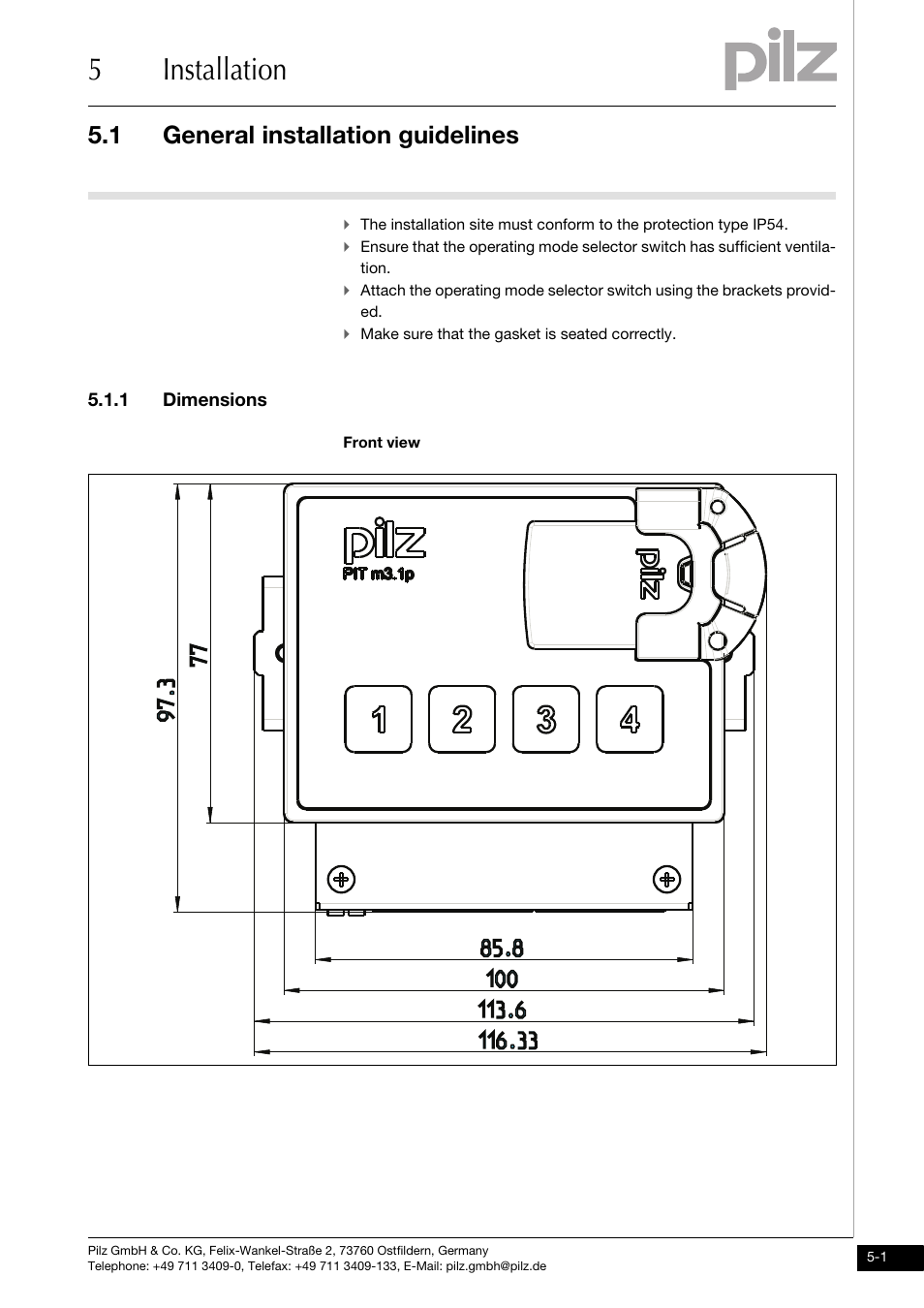 Installation, General installation guidelines, 1 dimensions | 5installation, 1 general installation guidelines, Make sure that the gasket is seated correctly, Front view | Pilz PIT m3.1p User Manual | Page 21 / 41