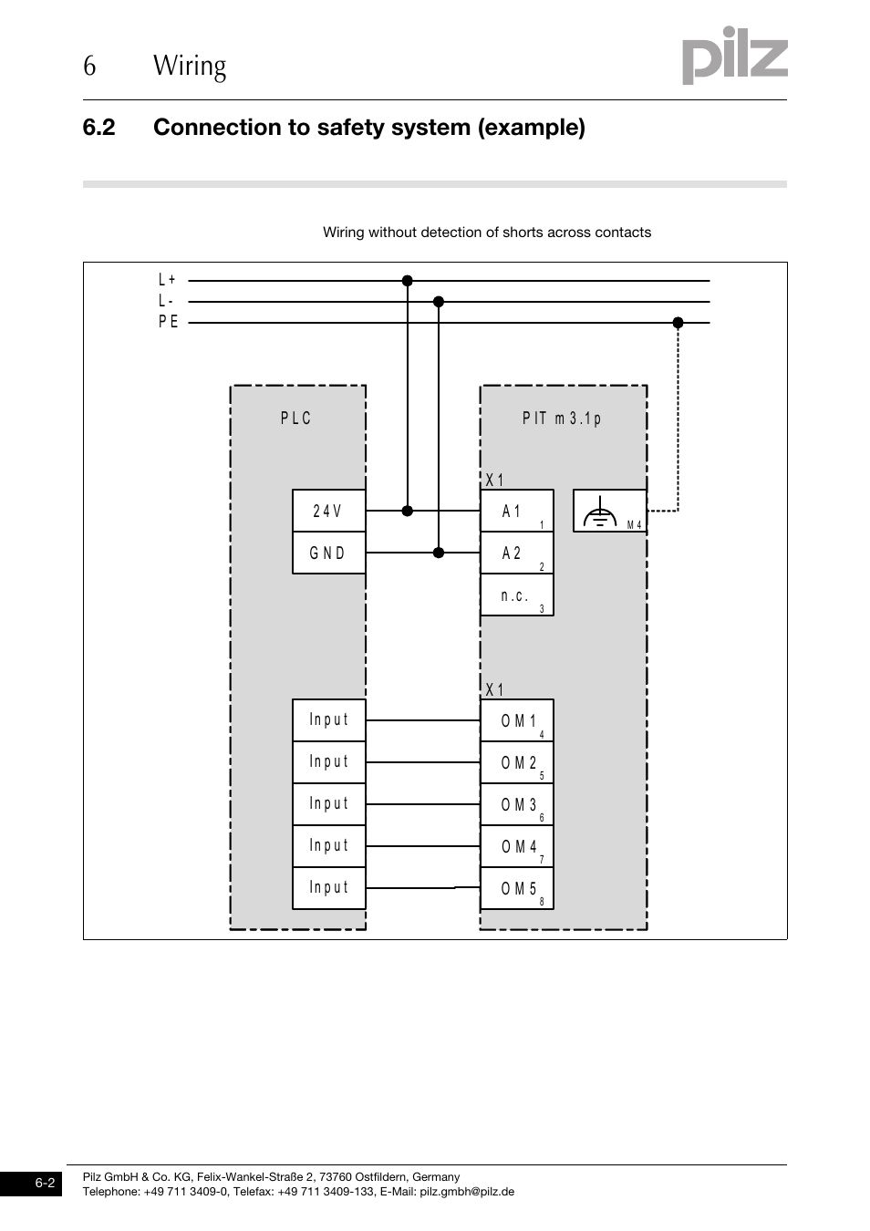 Connection to safety system (example), 6wiring, 2 connection to safety system (example) | Pilz PIT m3.1p User Manual | Page 26 / 41