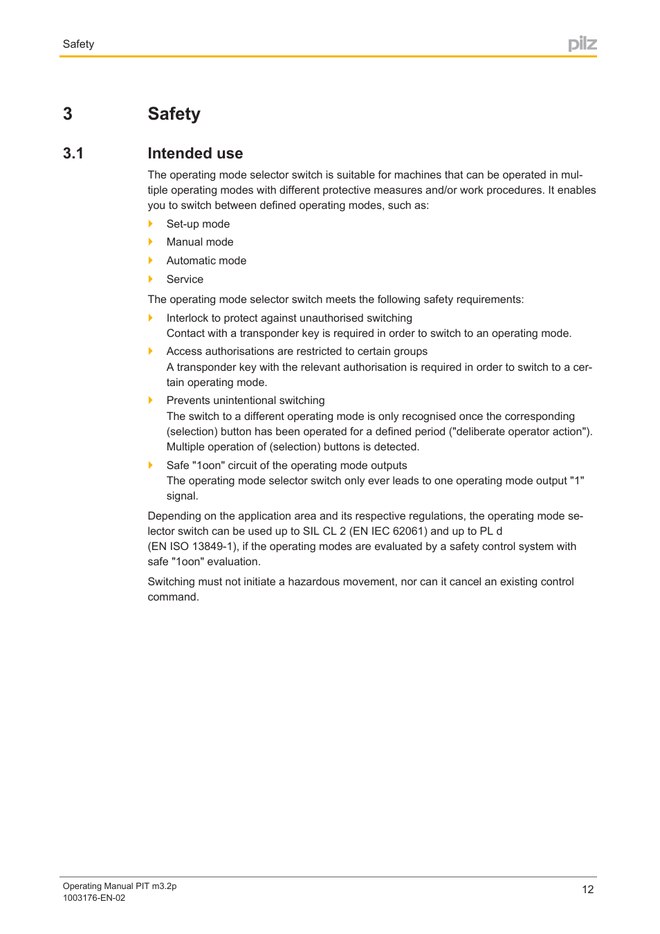 3 safety, 1 intended use, Section 3 | Safety, Intended use, 3safety | Pilz PIT m3.2p machine tools pictogram User Manual | Page 12 / 58