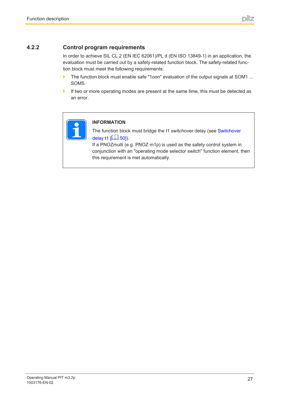 2 control program requirements, Control program requirements | Pilz PIT m3.2p machine tools pictogram User Manual | Page 27 / 58